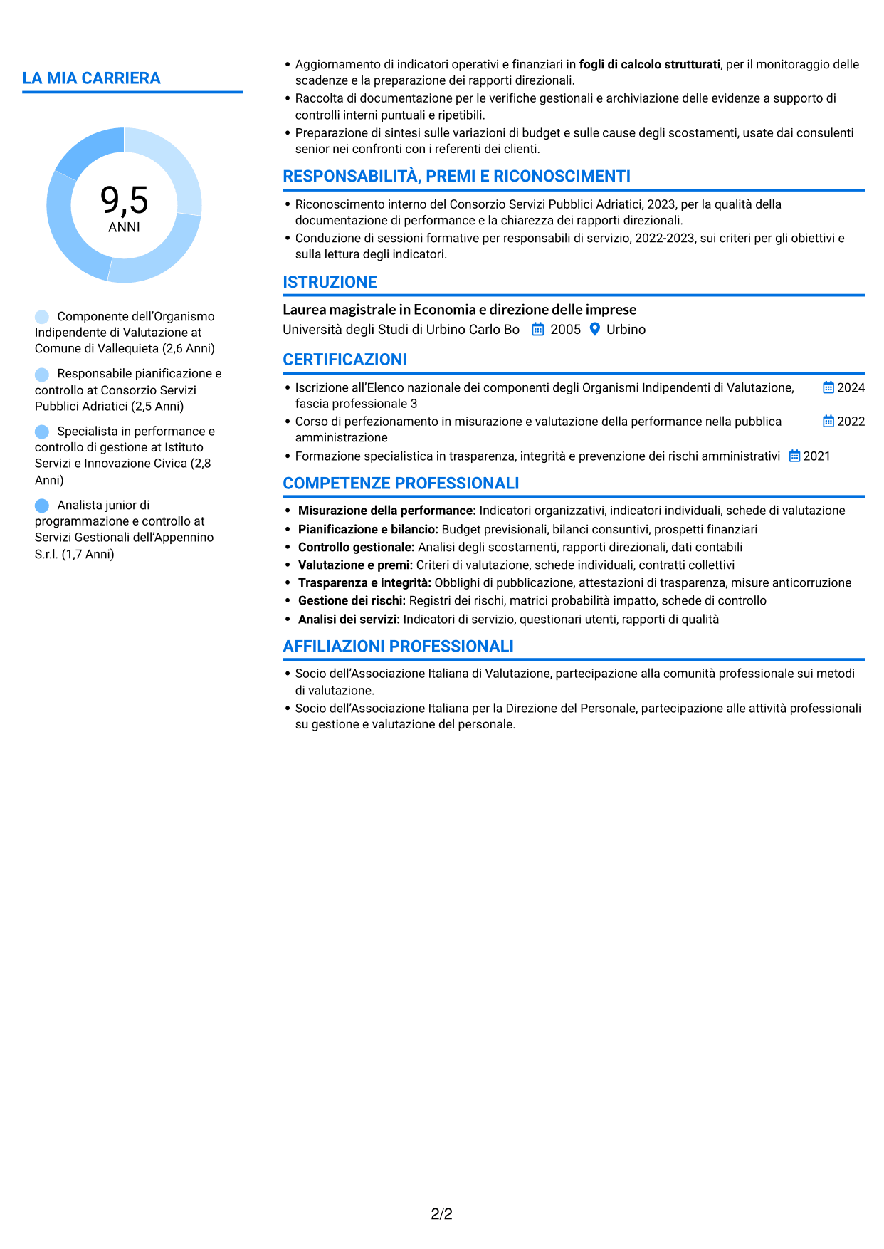 CV Audace (formato a due colonne con accenti colorati e foto): Componente dell’Organismo Indipendente di Valutazione - Performance e controlli interni, pagina 2