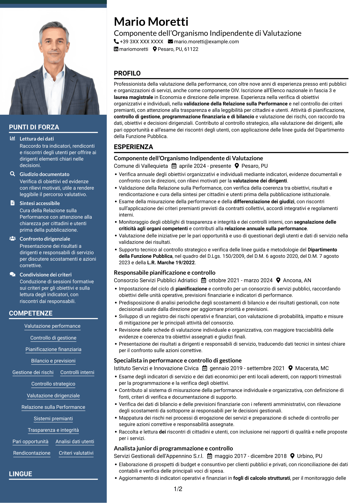 CV Signature (formato con colonna laterale colorata e foto grande): Componente dell’Organismo Indipendente di Valutazione - Performance e controlli interni, pagina 1