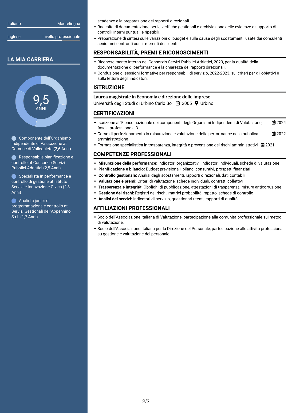 CV Signature (formato con colonna laterale colorata e foto grande): Componente dell’Organismo Indipendente di Valutazione - Performance e controlli interni, pagina 2