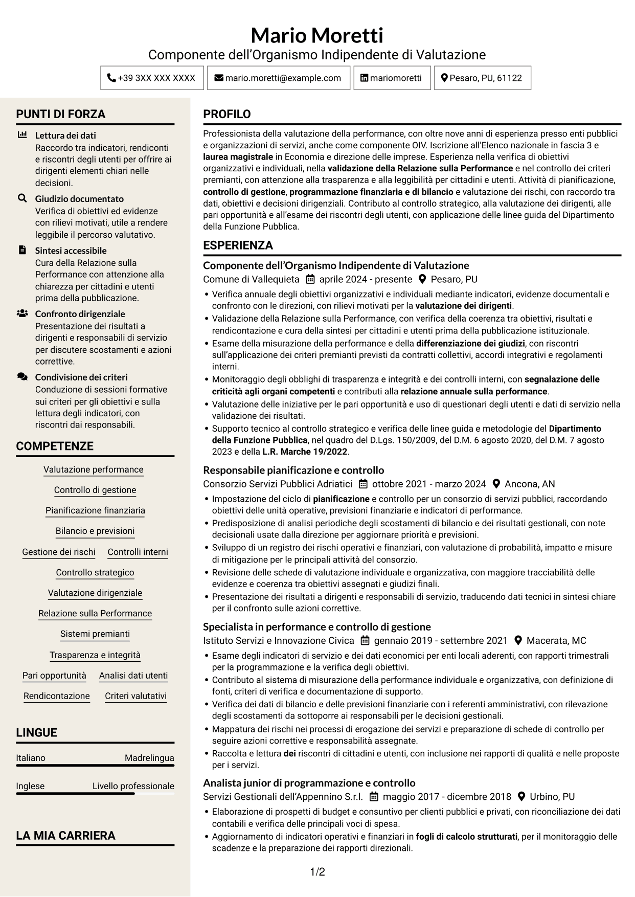 CV Intraprendente (formato a due colonne con intestazione centrata senza foto): Componente dell’Organismo Indipendente di Valutazione - Performance e controlli interni, pagina 1
