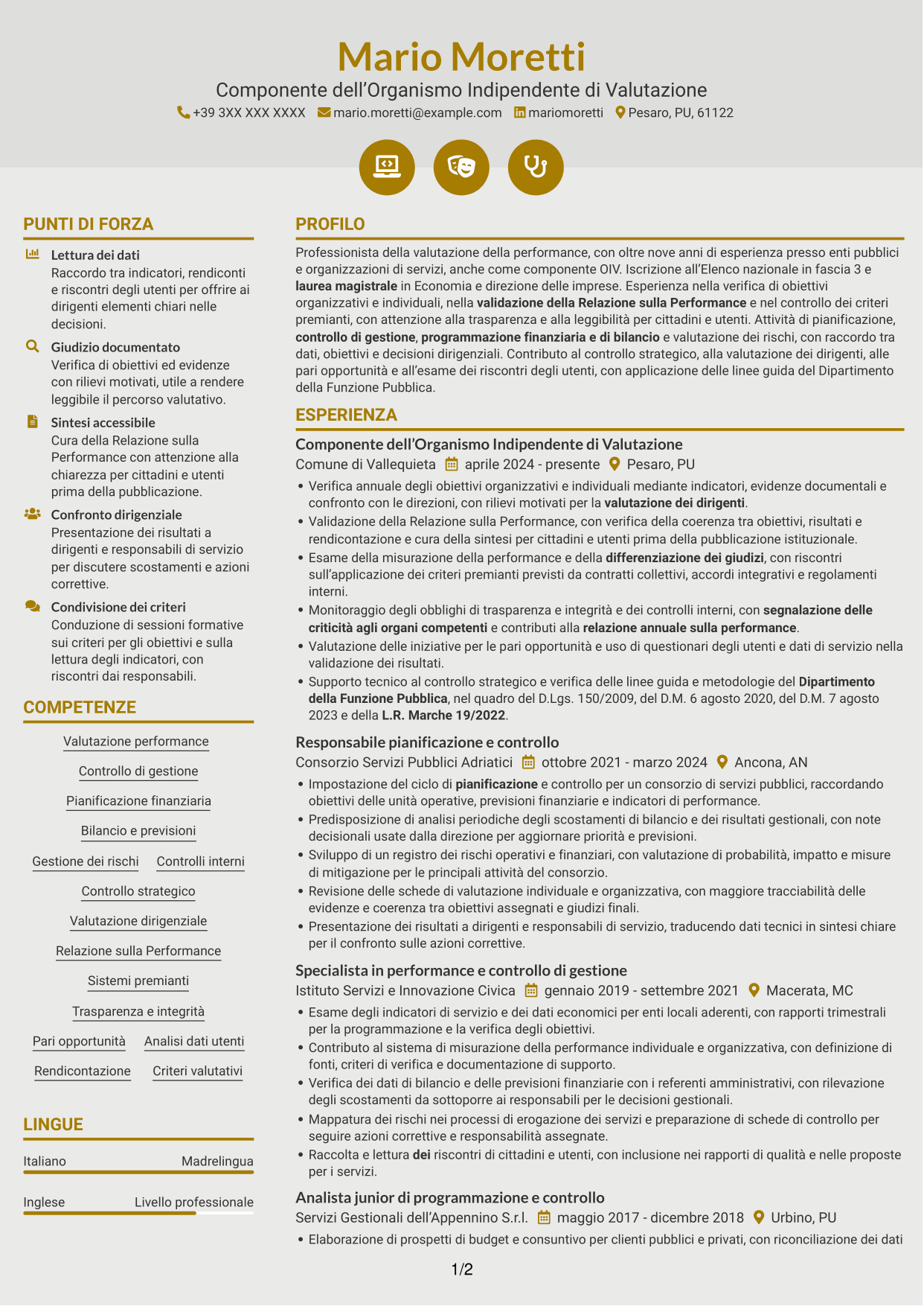CV Dinamico (formato a due colonne con icone): Componente dell’Organismo Indipendente di Valutazione - Performance e controlli interni, pagina 1