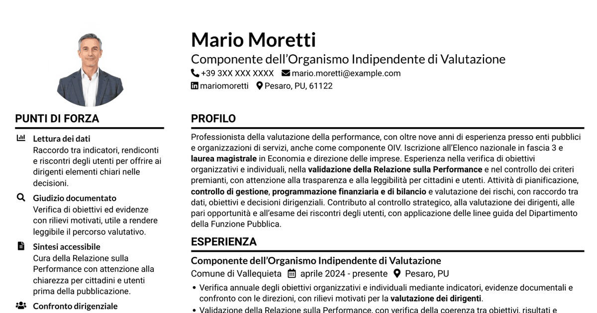 7 modelli di CV per Componente dell’Organismo Indipendente di Valutazione - Performance e controlli interni, con esempi