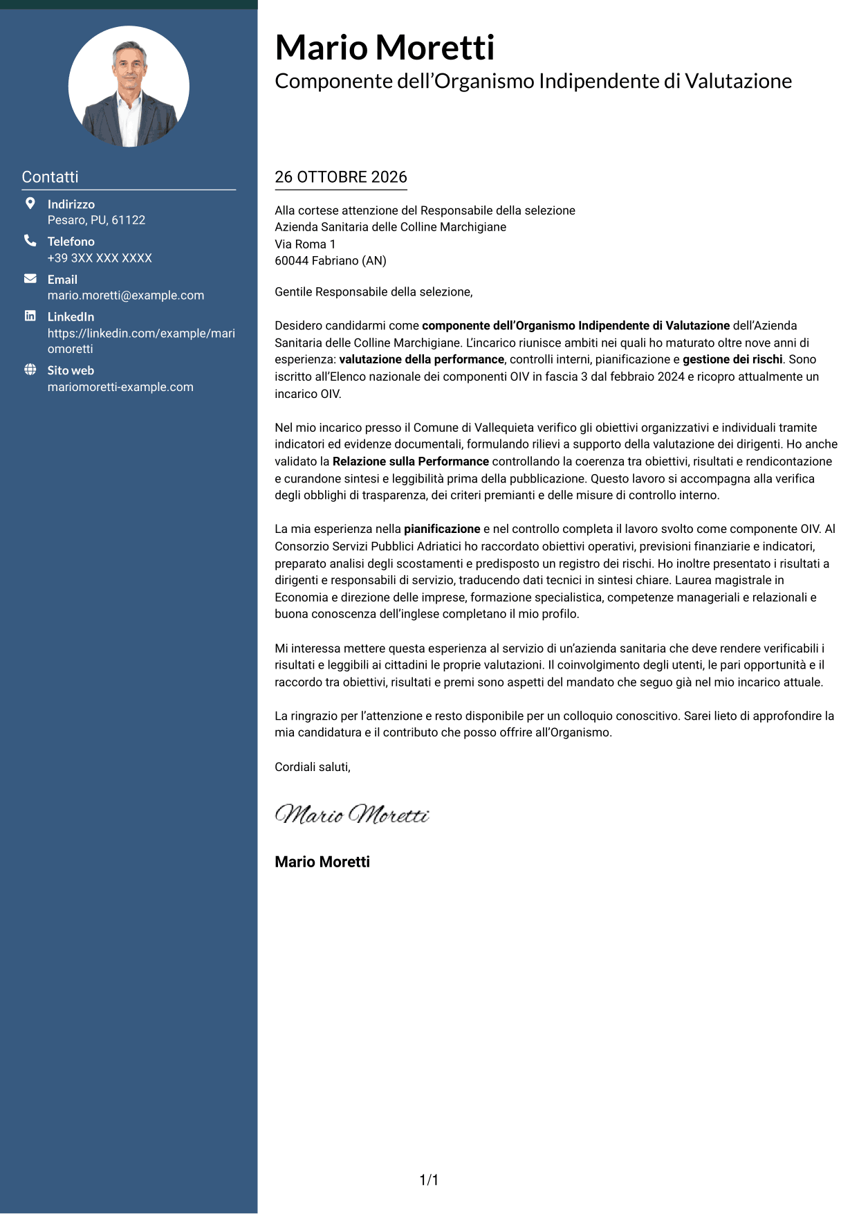 Lettera di presentazione Elegante (formato con colonna laterale colorata e foto): Componente dell’Organismo Indipendente di Valutazione - Performance e controlli interni, pagina 1