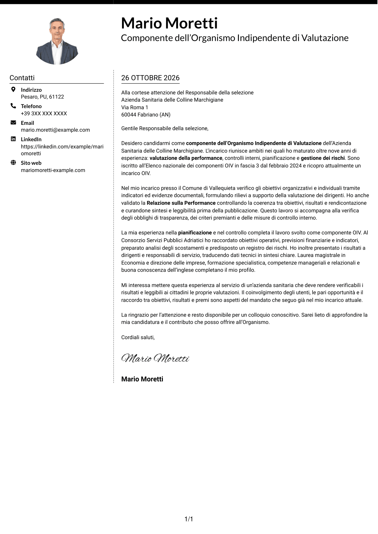 Lettera di presentazione Moderno (formato a due colonne con foto a sinistra e separatore): Componente dell’Organismo Indipendente di Valutazione - Performance e controlli interni, pagina 1