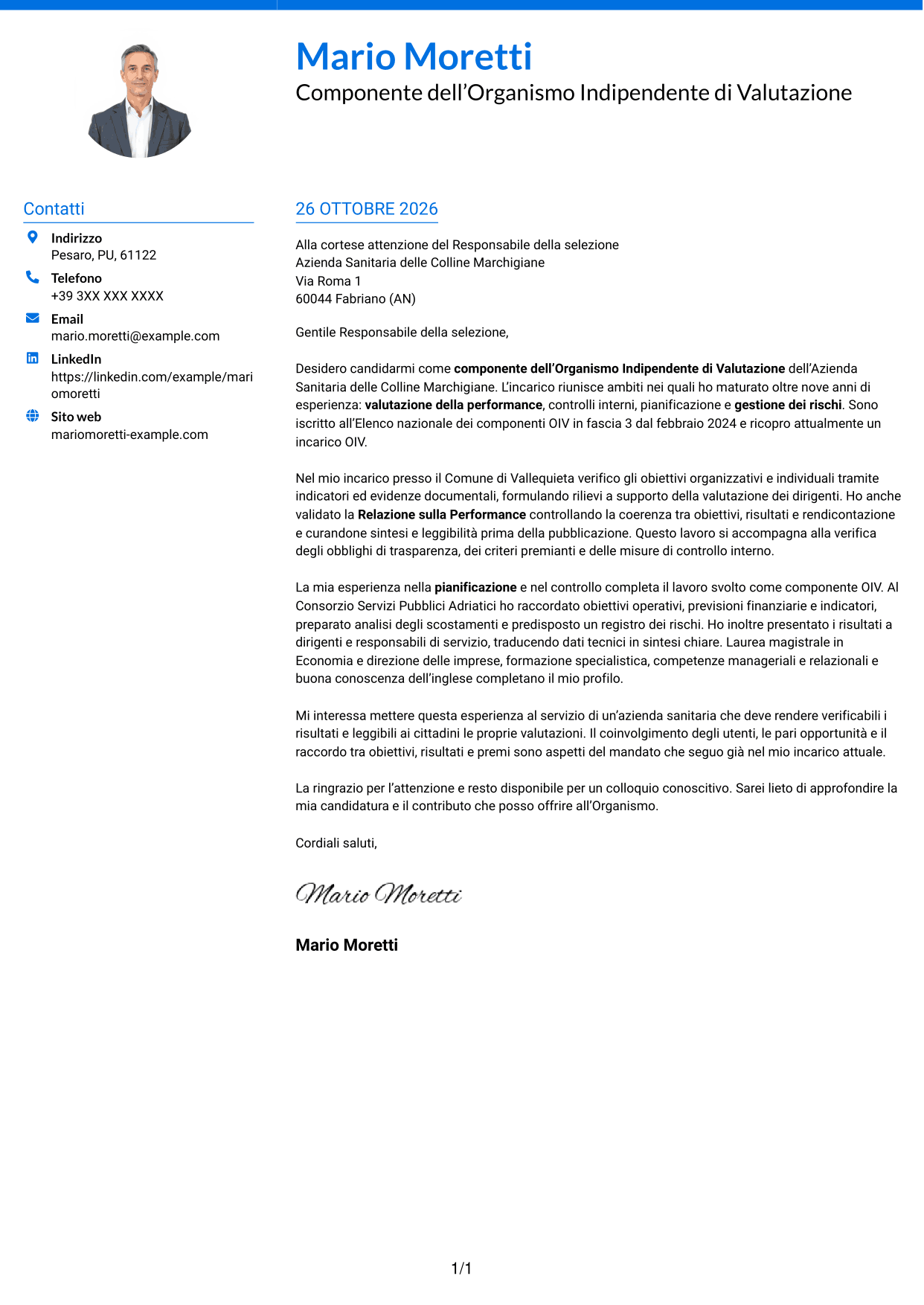 Lettera di presentazione Audace (formato a due colonne con accenti colorati e foto): Componente dell’Organismo Indipendente di Valutazione - Performance e controlli interni, pagina 1