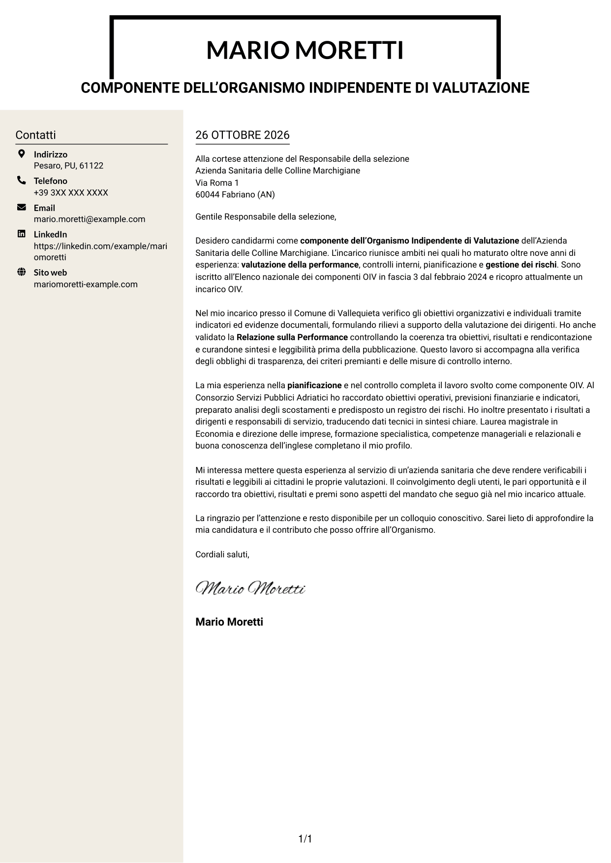 Lettera di presentazione Intraprendente (formato a due colonne con intestazione centrata senza foto): Componente dell’Organismo Indipendente di Valutazione - Performance e controlli interni, pagina 1