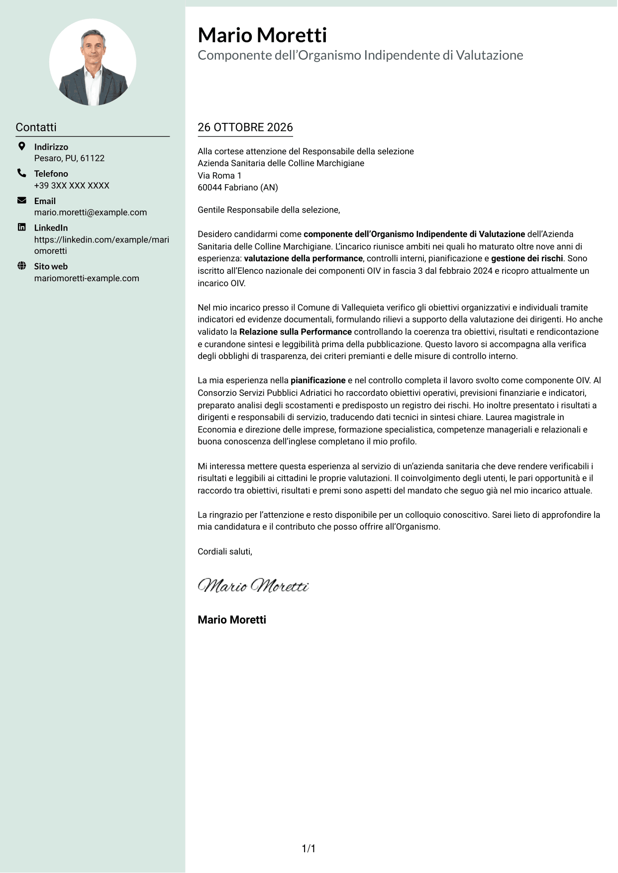Lettera di presentazione Dirigente (formato con colonna laterale tenue e foto arrotondata): Componente dell’Organismo Indipendente di Valutazione - Performance e controlli interni, pagina 1