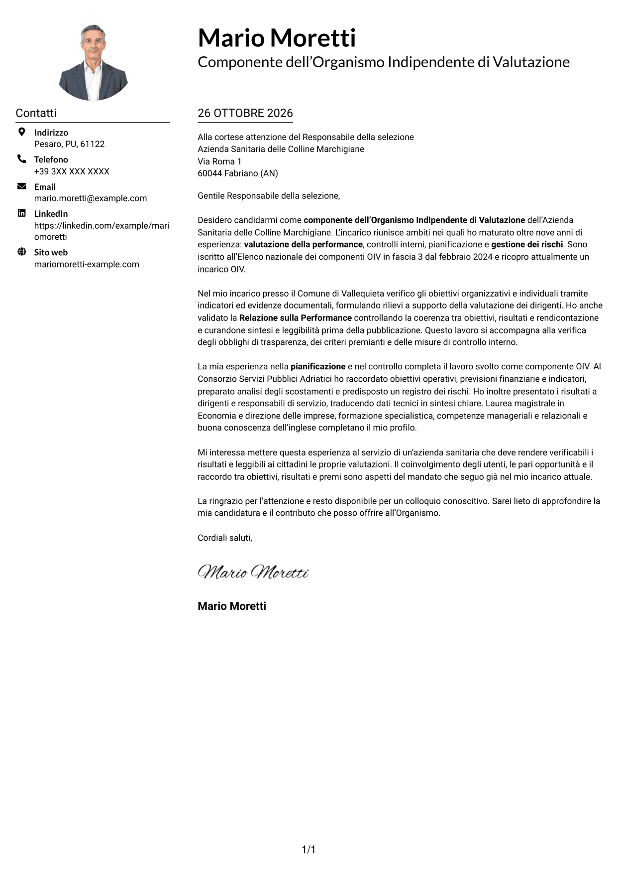 Esempio di lettera di presentazione — pagina 1