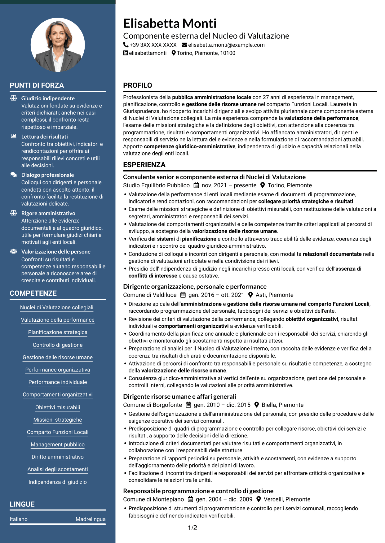 CV Elegante (formato con colonna laterale colorata e foto): Componente esterno del Nucleo di Valutazione - Performance e controllo strategico, pagina 1