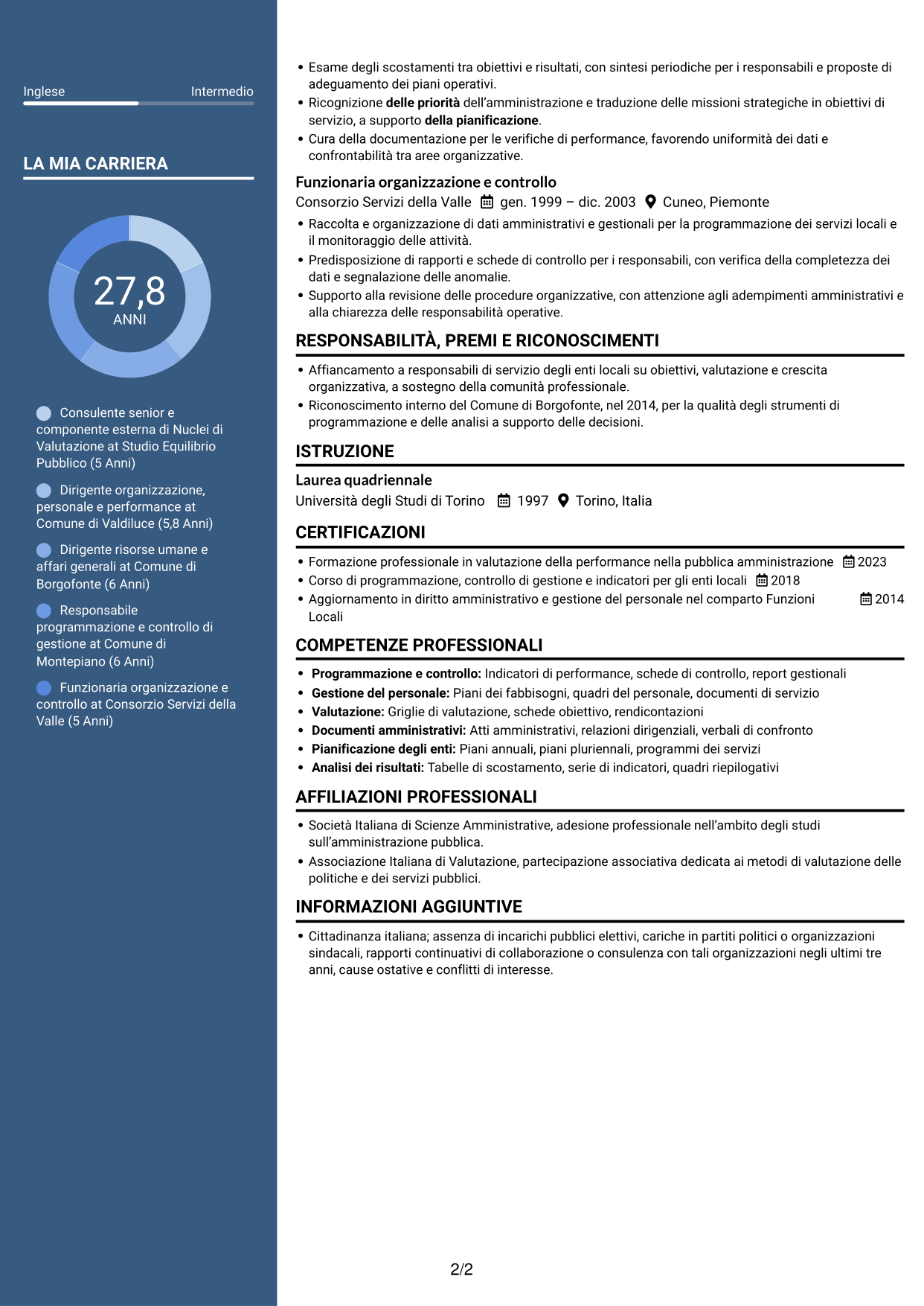 CV Elegante (formato con colonna laterale colorata e foto): Componente esterno del Nucleo di Valutazione - Performance e controllo strategico, pagina 2