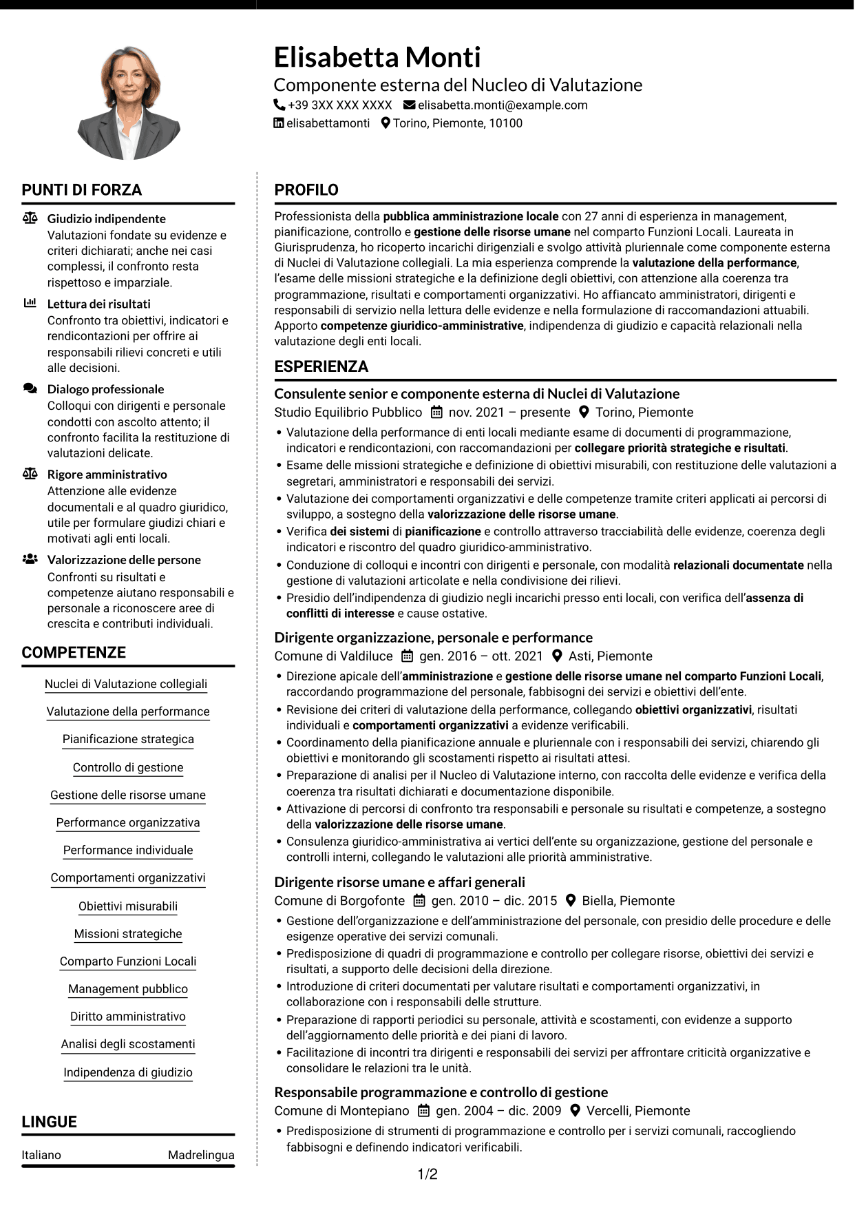 CV Moderno (formato a due colonne con foto a sinistra e separatore): Componente esterno del Nucleo di Valutazione - Performance e controllo strategico, pagina 1