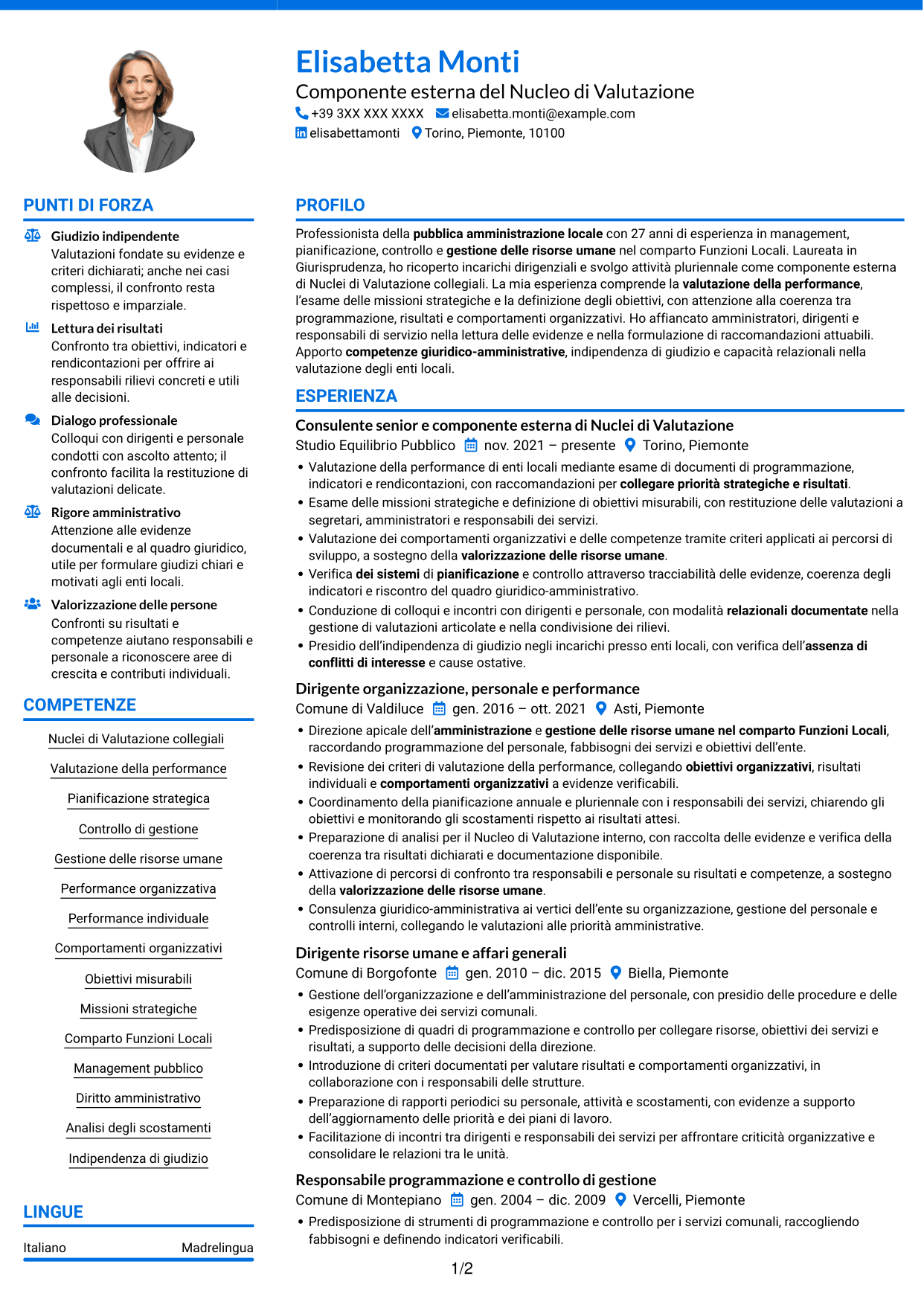 CV Audace (formato a due colonne con accenti colorati e foto): Componente esterno del Nucleo di Valutazione - Performance e controllo strategico, pagina 1