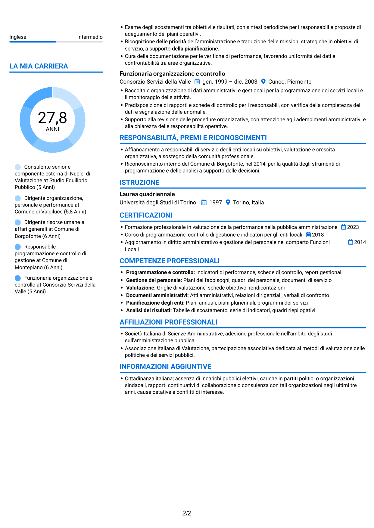 CV Audace (formato a due colonne con accenti colorati e foto): Componente esterno del Nucleo di Valutazione - Performance e controllo strategico, pagina 2