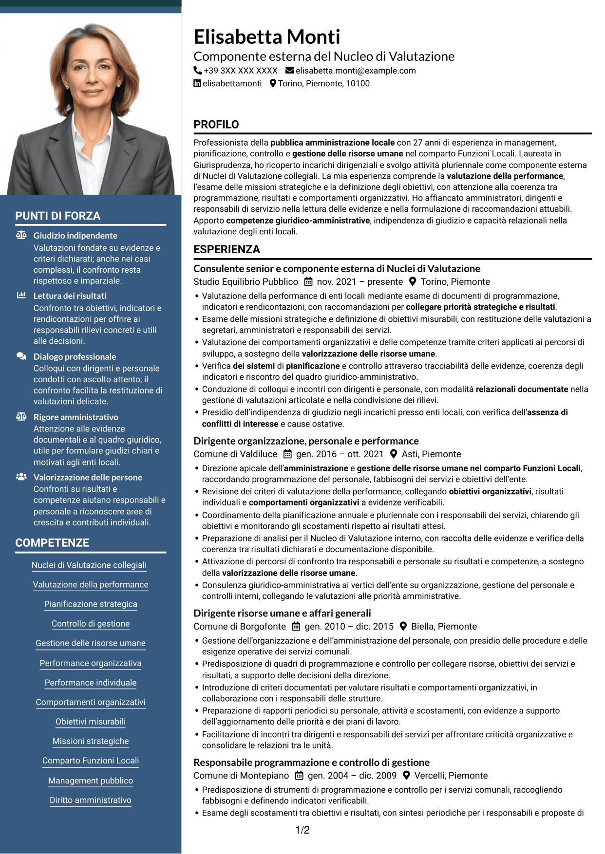 CV Signature (formato con colonna laterale colorata e foto grande): Componente esterno del Nucleo di Valutazione - Performance e controllo strategico, pagina 1