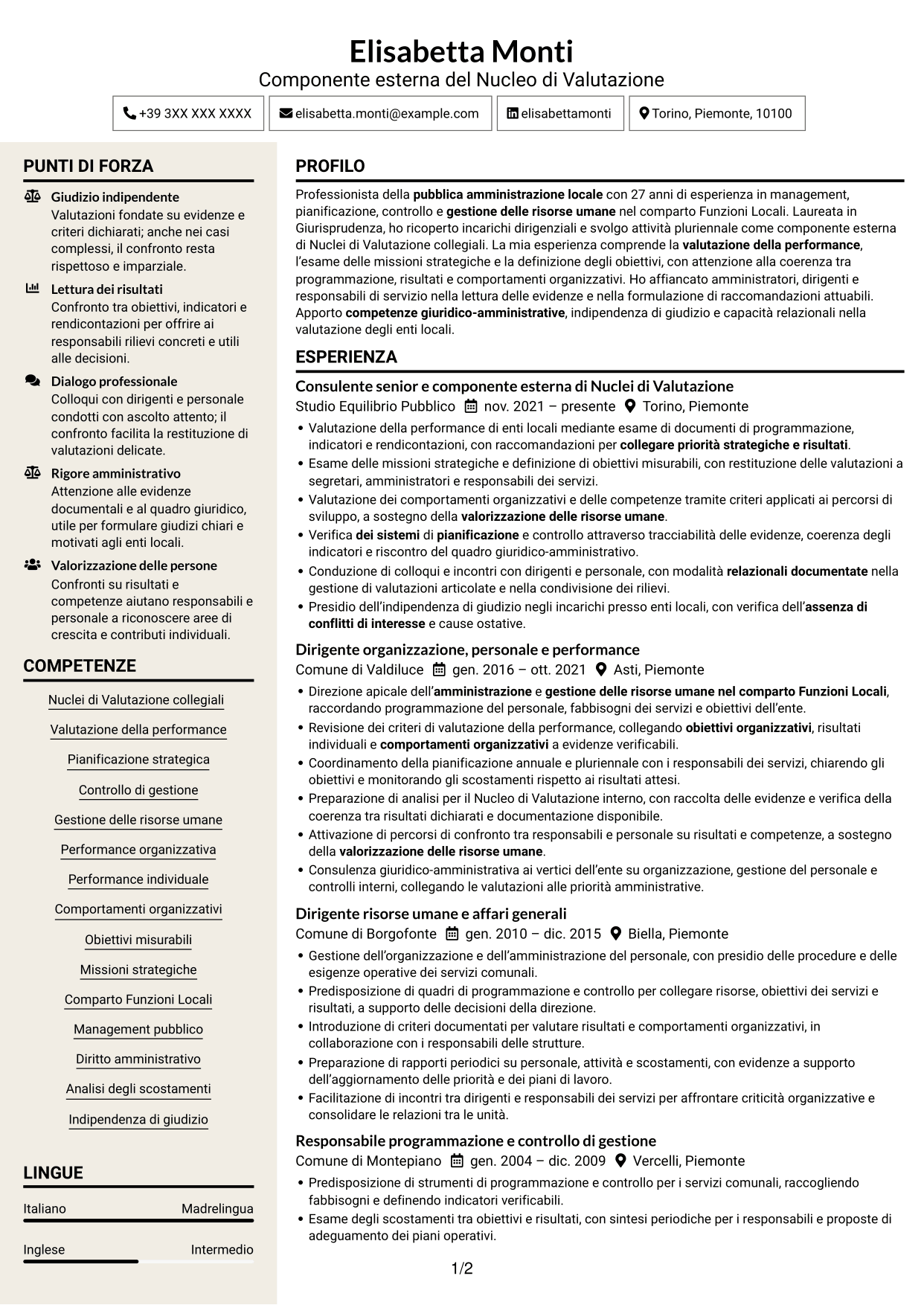 CV Intraprendente (formato a due colonne con intestazione centrata senza foto): Componente esterno del Nucleo di Valutazione - Performance e controllo strategico, pagina 1