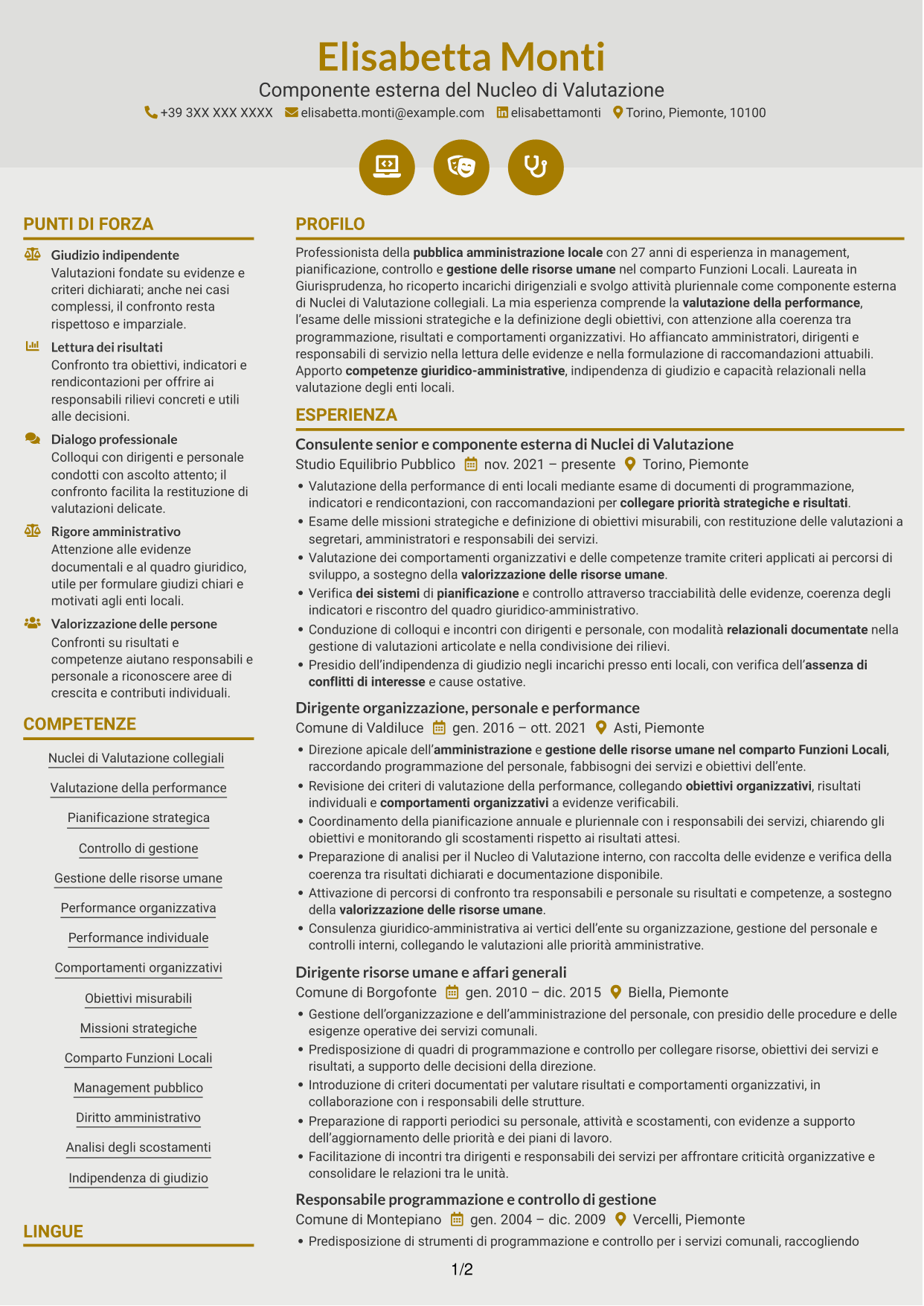 CV Dinamico (formato a due colonne con icone): Componente esterno del Nucleo di Valutazione - Performance e controllo strategico, pagina 1