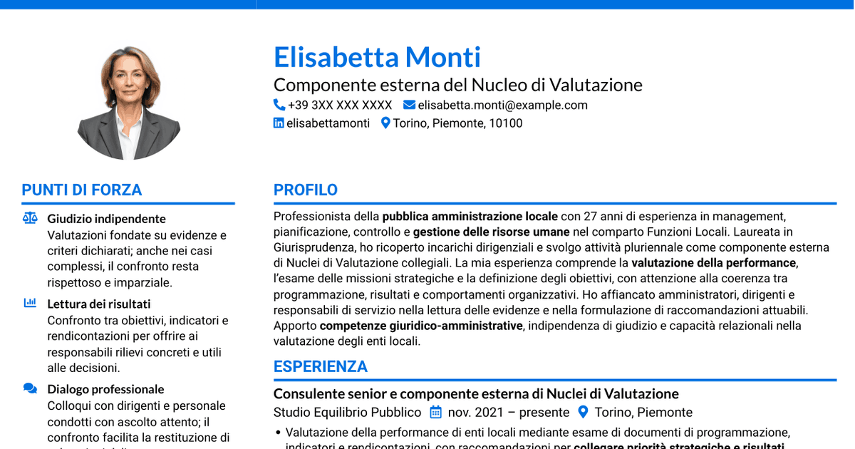 7 modelli di CV per Componente esterno del Nucleo di Valutazione - Performance e controllo strategico, con esempi