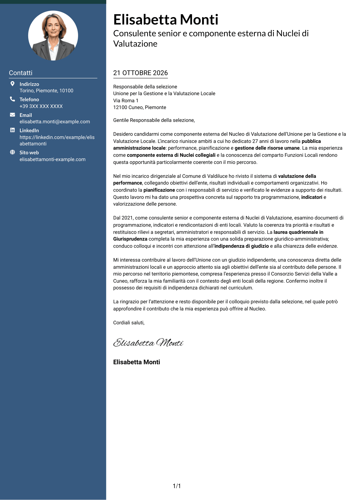 Lettera di presentazione Elegante (formato con colonna laterale colorata e foto): Componente esterno del Nucleo di Valutazione - Performance e controllo strategico, pagina 1
