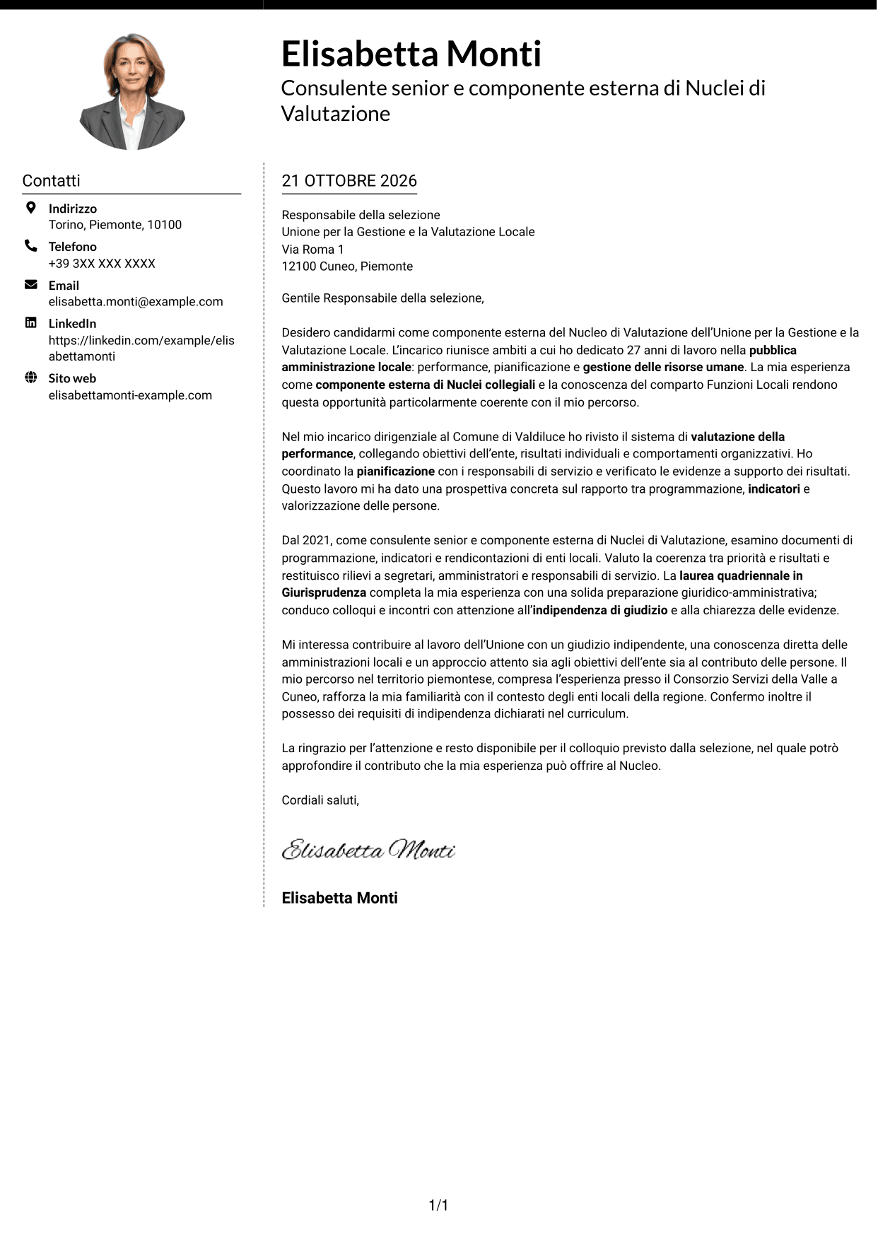 Lettera di presentazione Moderno (formato a due colonne con foto a sinistra e separatore): Componente esterno del Nucleo di Valutazione - Performance e controllo strategico, pagina 1