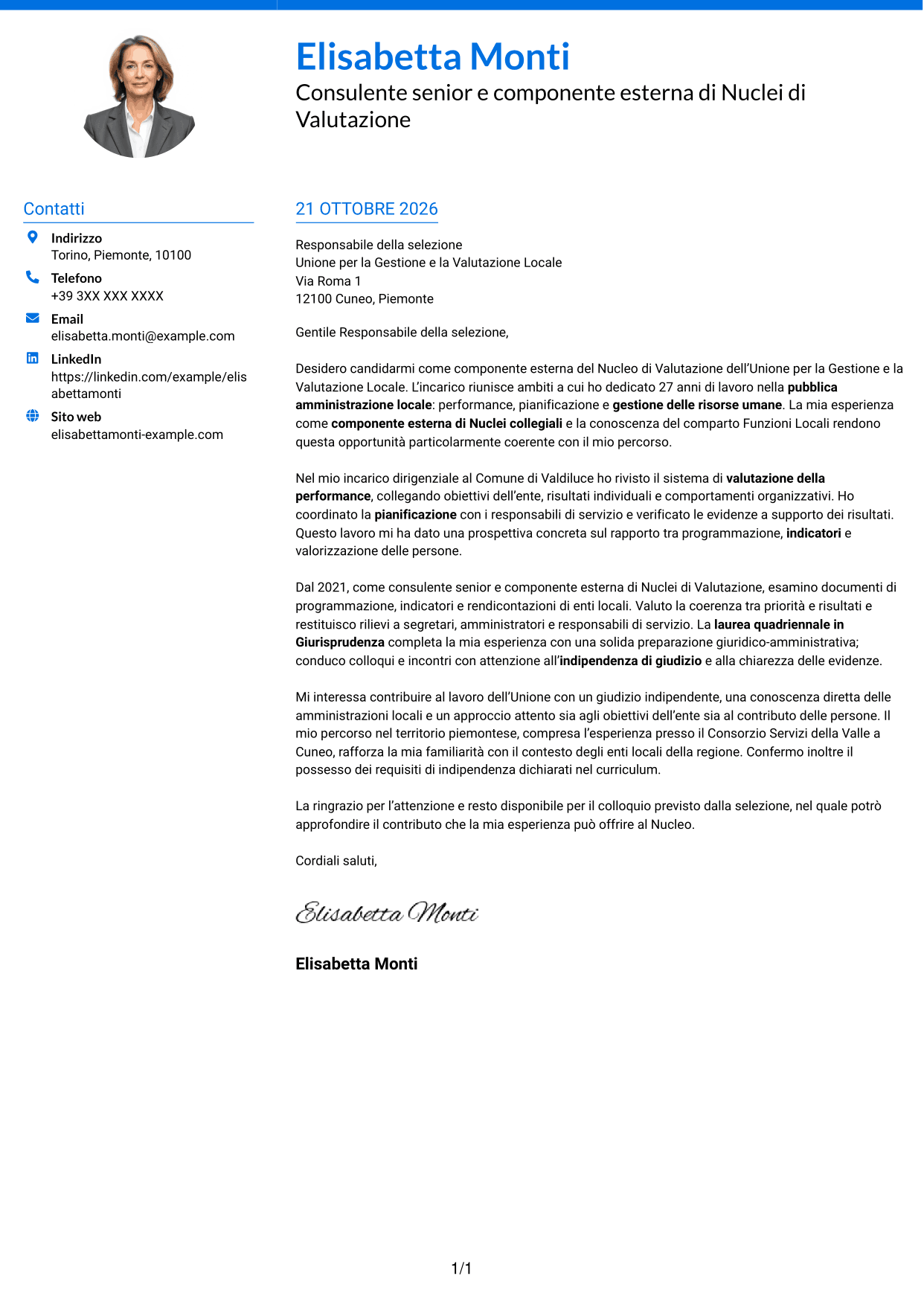 Lettera di presentazione Audace (formato a due colonne con accenti colorati e foto): Componente esterno del Nucleo di Valutazione - Performance e controllo strategico, pagina 1