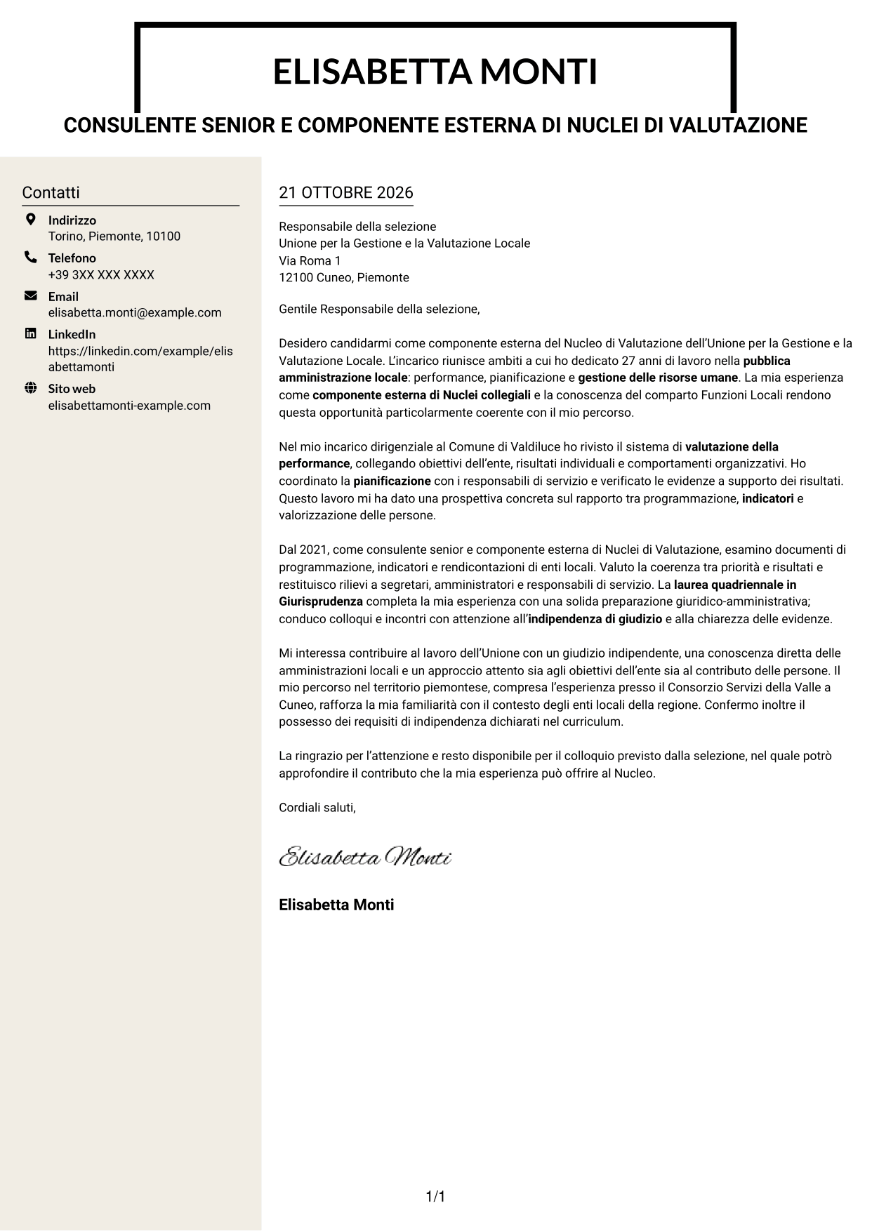Lettera di presentazione Intraprendente (formato a due colonne con intestazione centrata senza foto): Componente esterno del Nucleo di Valutazione - Performance e controllo strategico, pagina 1
