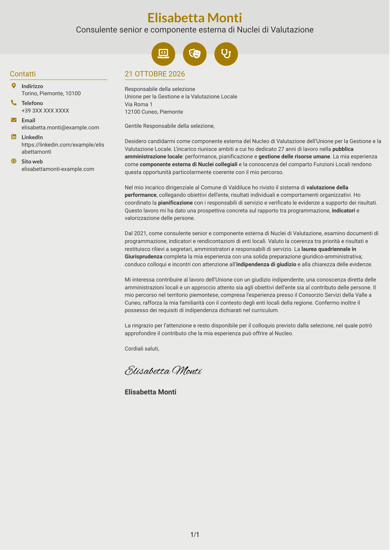 Lettera di presentazione Dinamico (formato a due colonne con icone): Componente esterno del Nucleo di Valutazione - Performance e controllo strategico, pagina 1