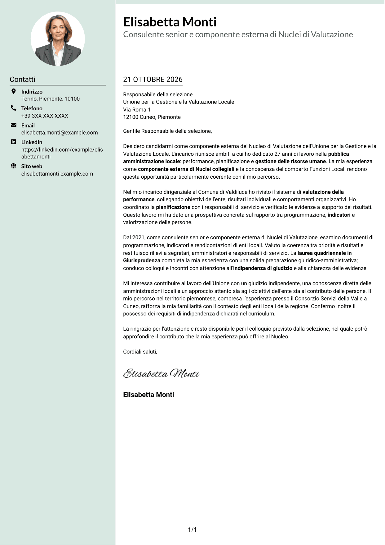 Lettera di presentazione Dirigente (formato con colonna laterale tenue e foto arrotondata): Componente esterno del Nucleo di Valutazione - Performance e controllo strategico, pagina 1