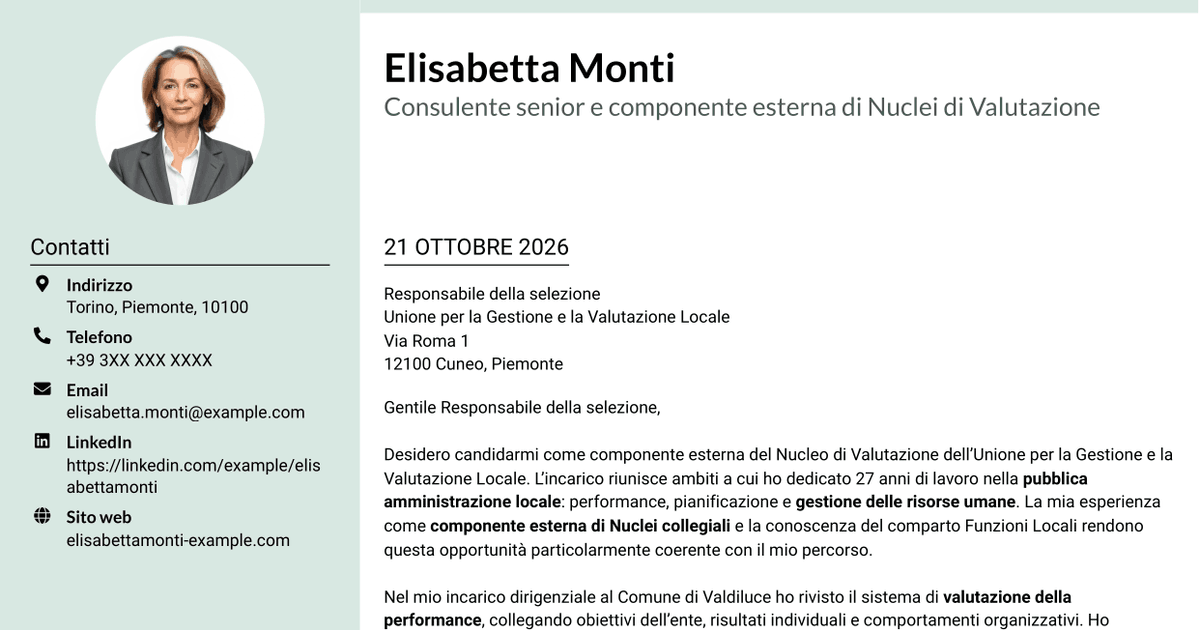 7 modelli di lettera di presentazione per Componente esterno del Nucleo di Valutazione - Performance e controllo strategico, con esempi