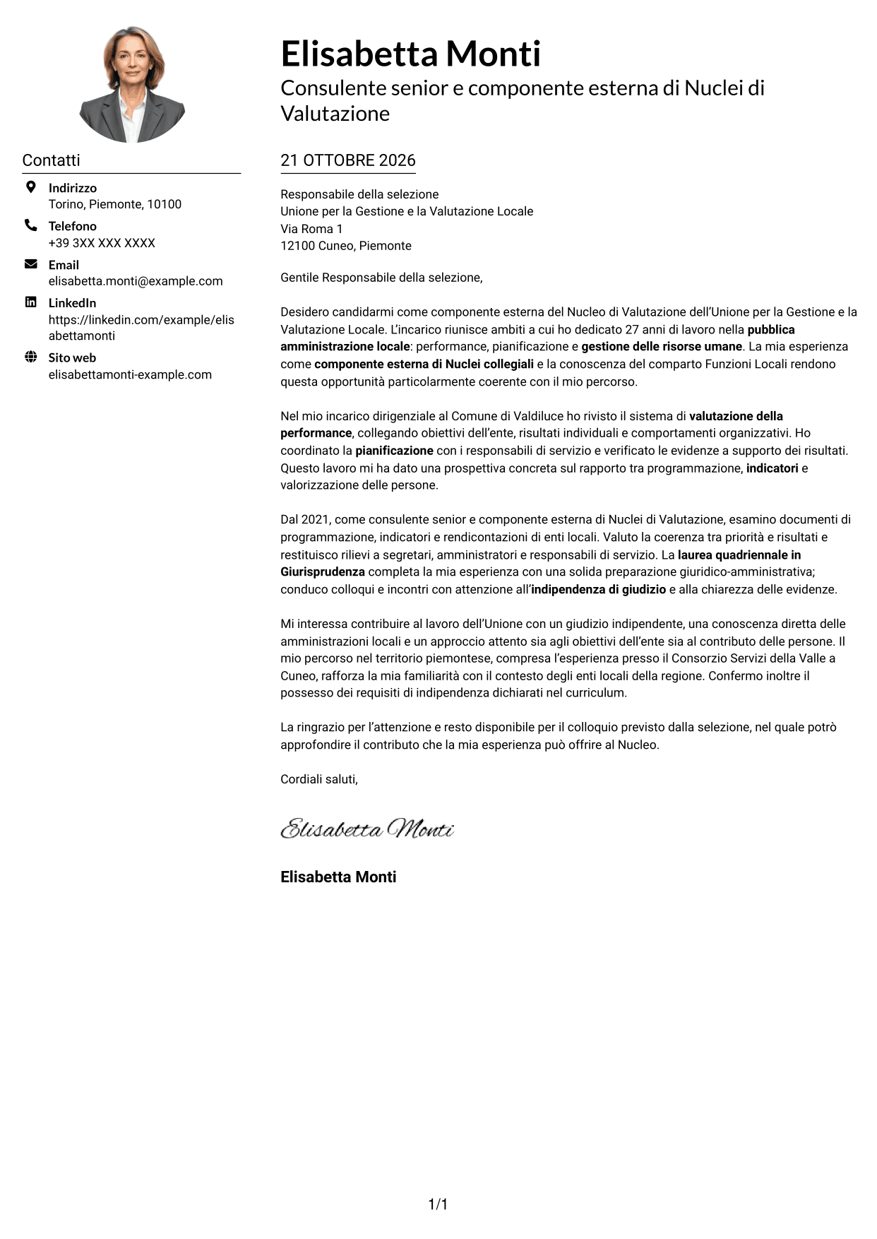 Esempio di lettera di presentazione — pagina 1