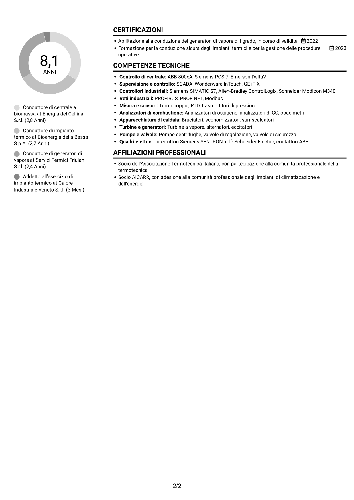 CV Compatto (formato sobrio a due colonne con foto): Conduttore di generatori di vapore - Produzione elettrica da biomassa, pagina 2