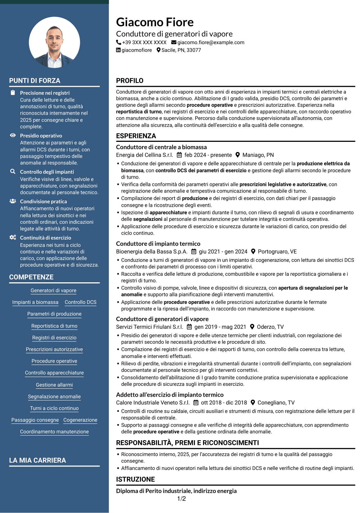 CV Elegante (formato con colonna laterale colorata e foto): Conduttore di generatori di vapore - Produzione elettrica da biomassa, pagina 1