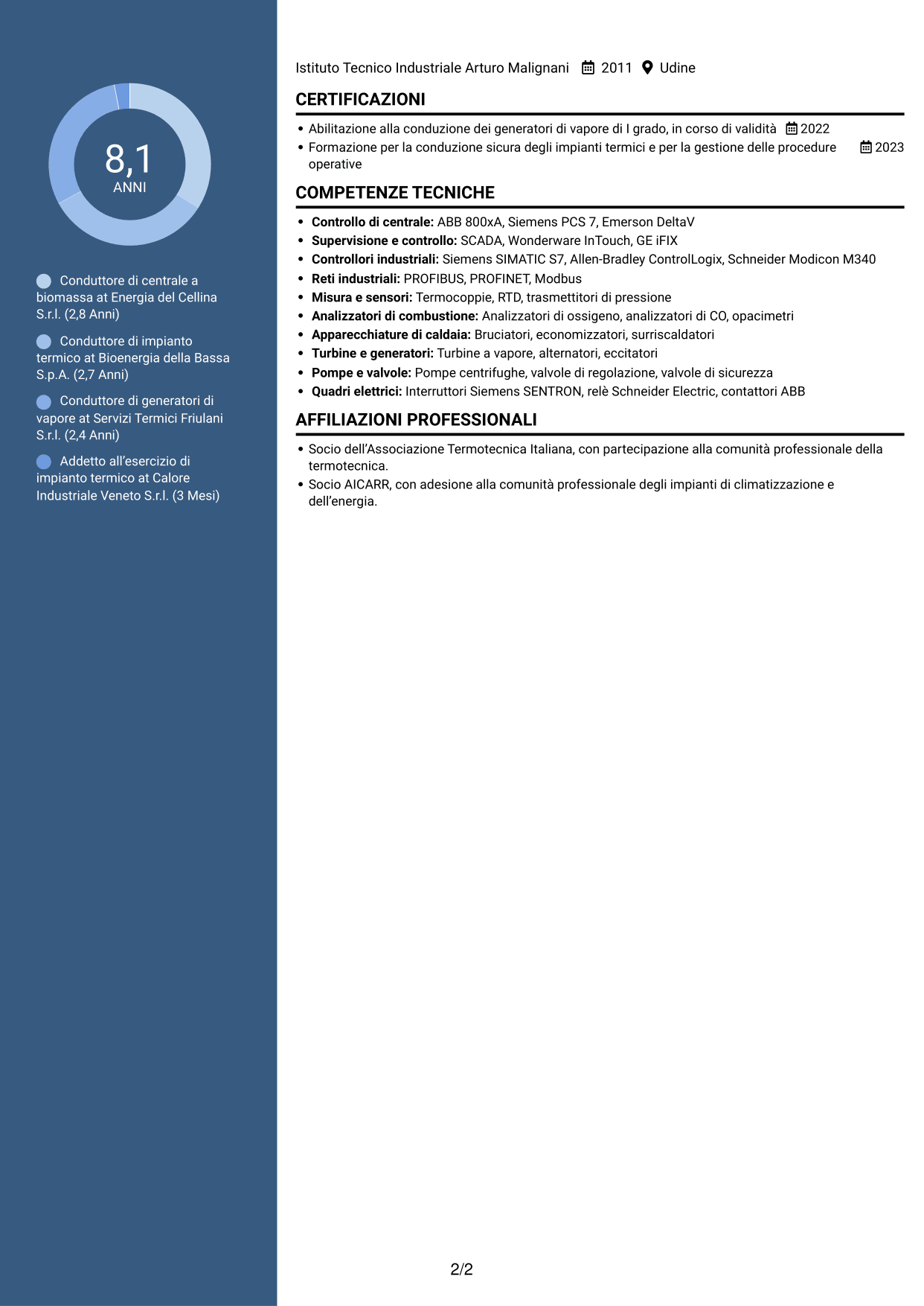 CV Elegante (formato con colonna laterale colorata e foto): Conduttore di generatori di vapore - Produzione elettrica da biomassa, pagina 2