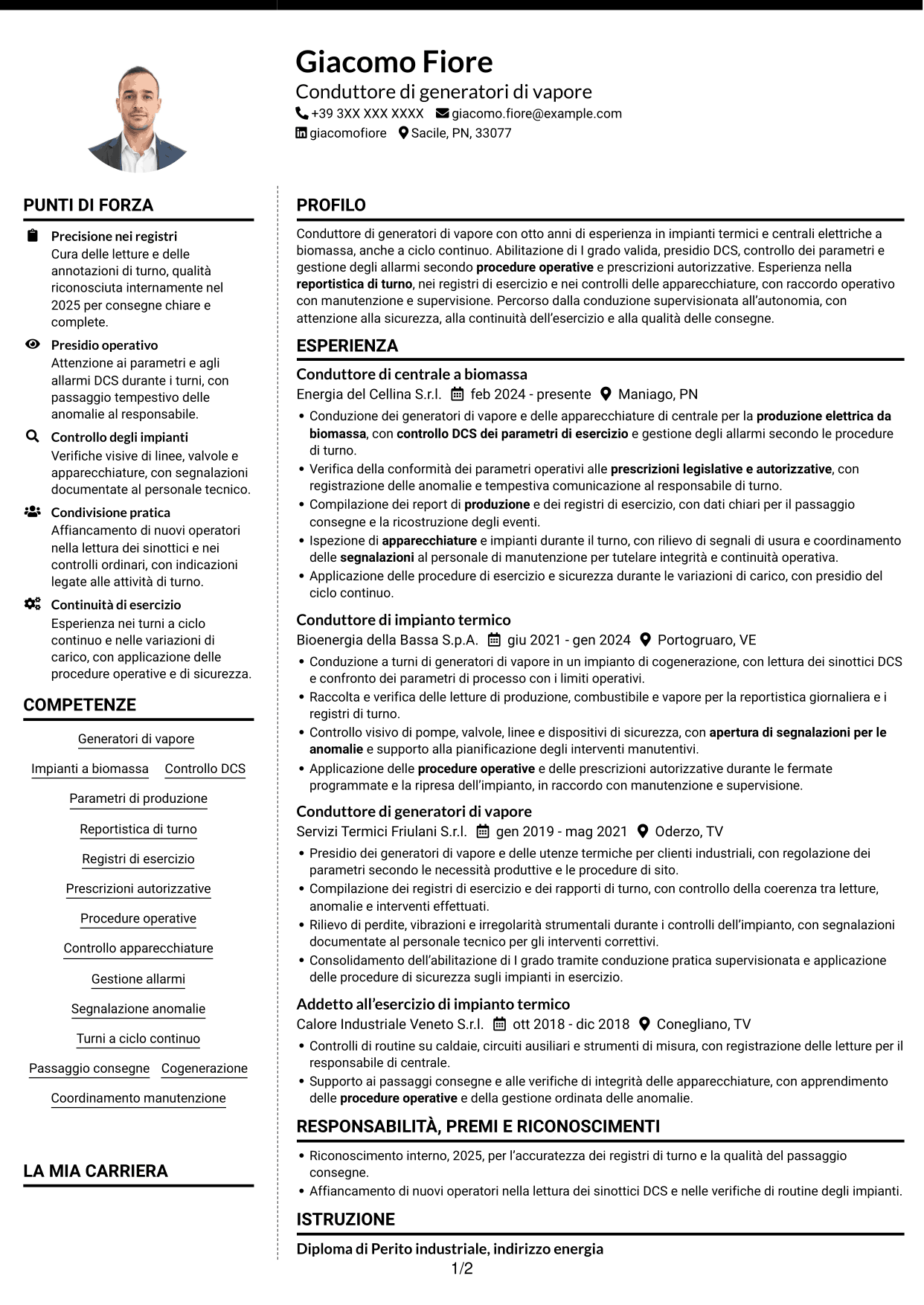 CV Moderno (formato a due colonne con foto a sinistra e separatore): Conduttore di generatori di vapore - Produzione elettrica da biomassa, pagina 1