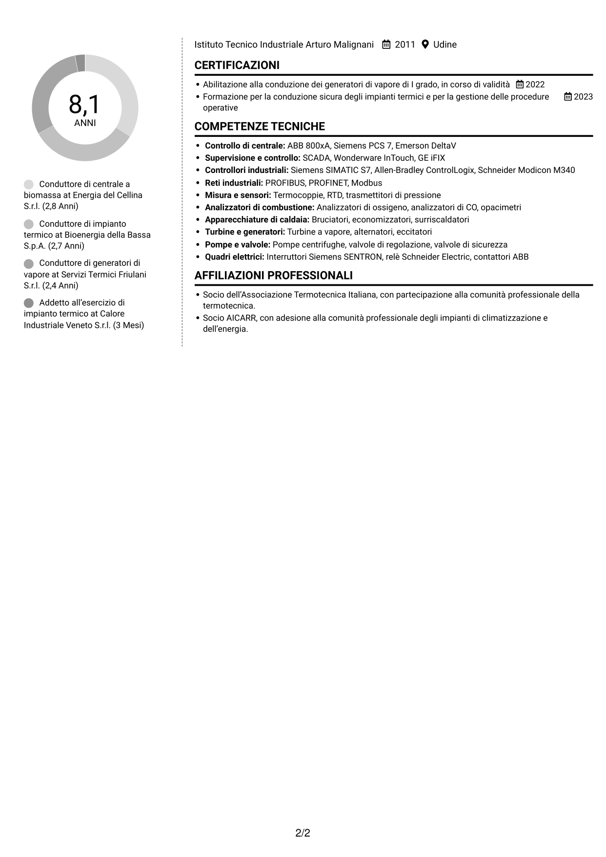 CV Moderno (formato a due colonne con foto a sinistra e separatore): Conduttore di generatori di vapore - Produzione elettrica da biomassa, pagina 2