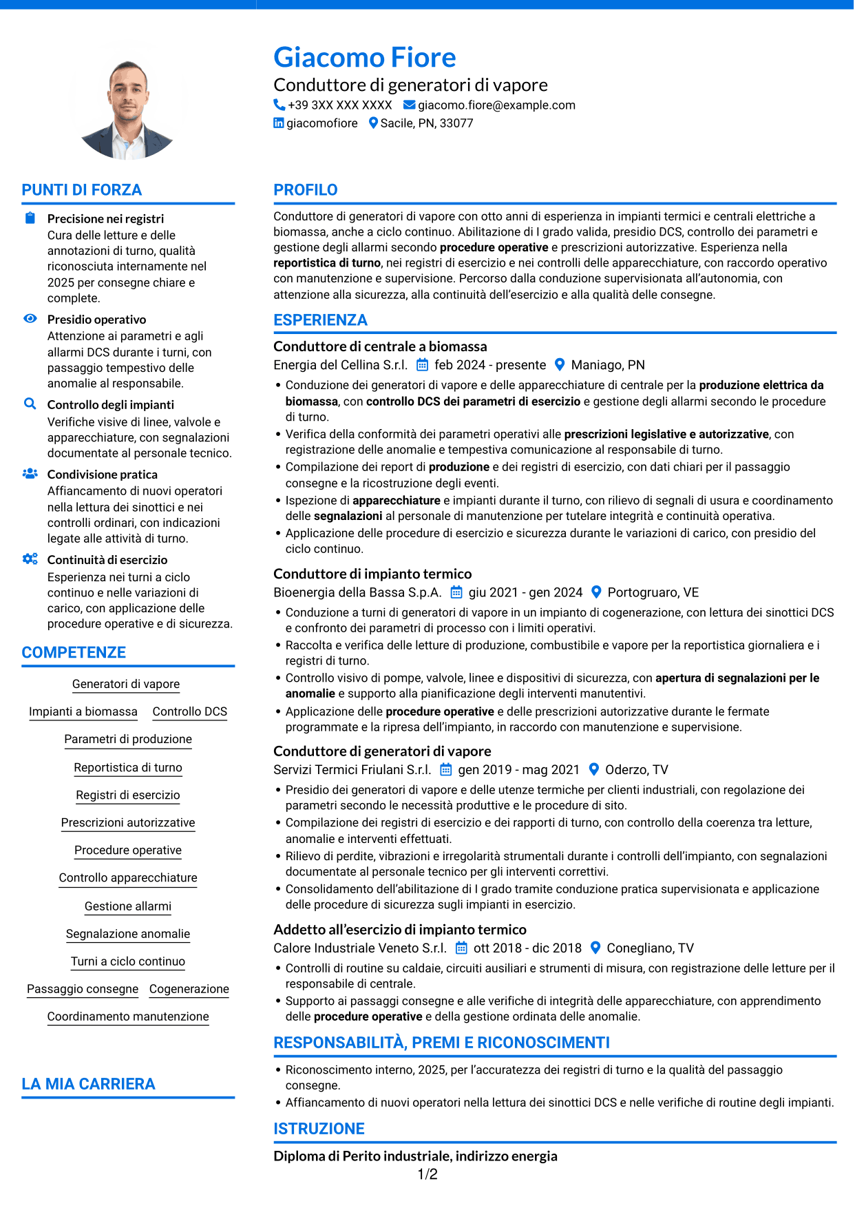 CV Audace (formato a due colonne con accenti colorati e foto): Conduttore di generatori di vapore - Produzione elettrica da biomassa, pagina 1