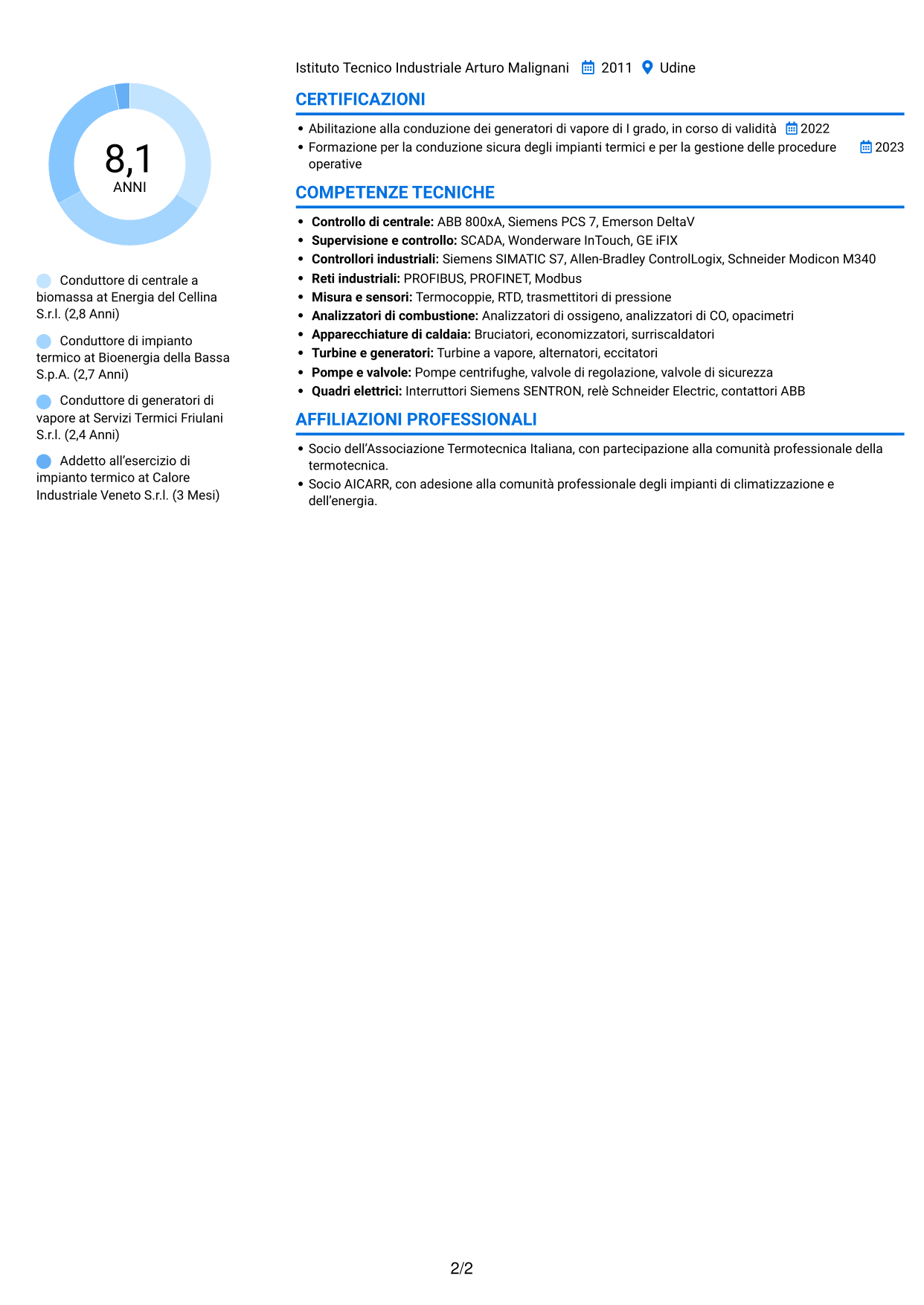 CV Audace (formato a due colonne con accenti colorati e foto): Conduttore di generatori di vapore - Produzione elettrica da biomassa, pagina 2