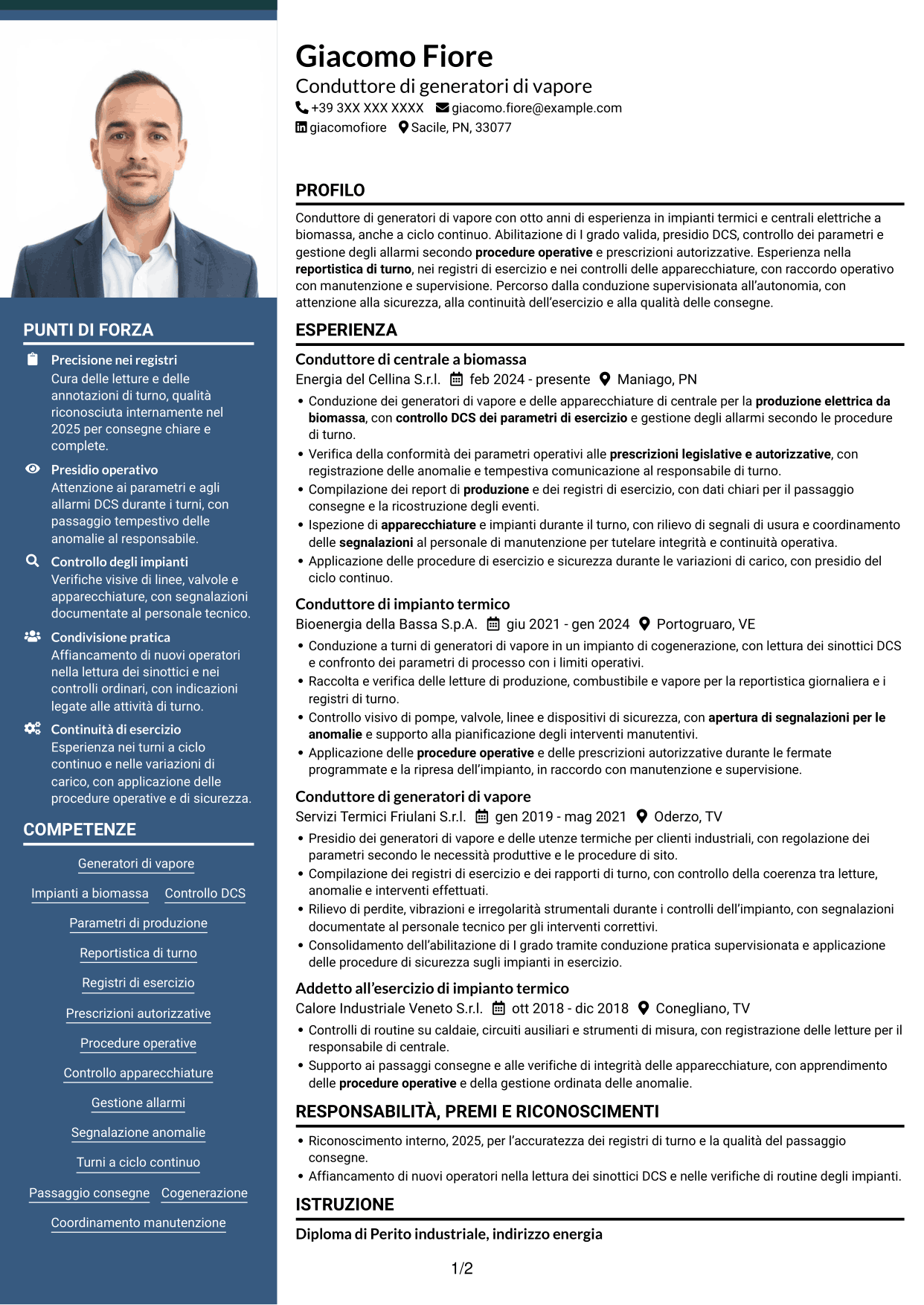 CV Signature (formato con colonna laterale colorata e foto grande): Conduttore di generatori di vapore - Produzione elettrica da biomassa, pagina 1