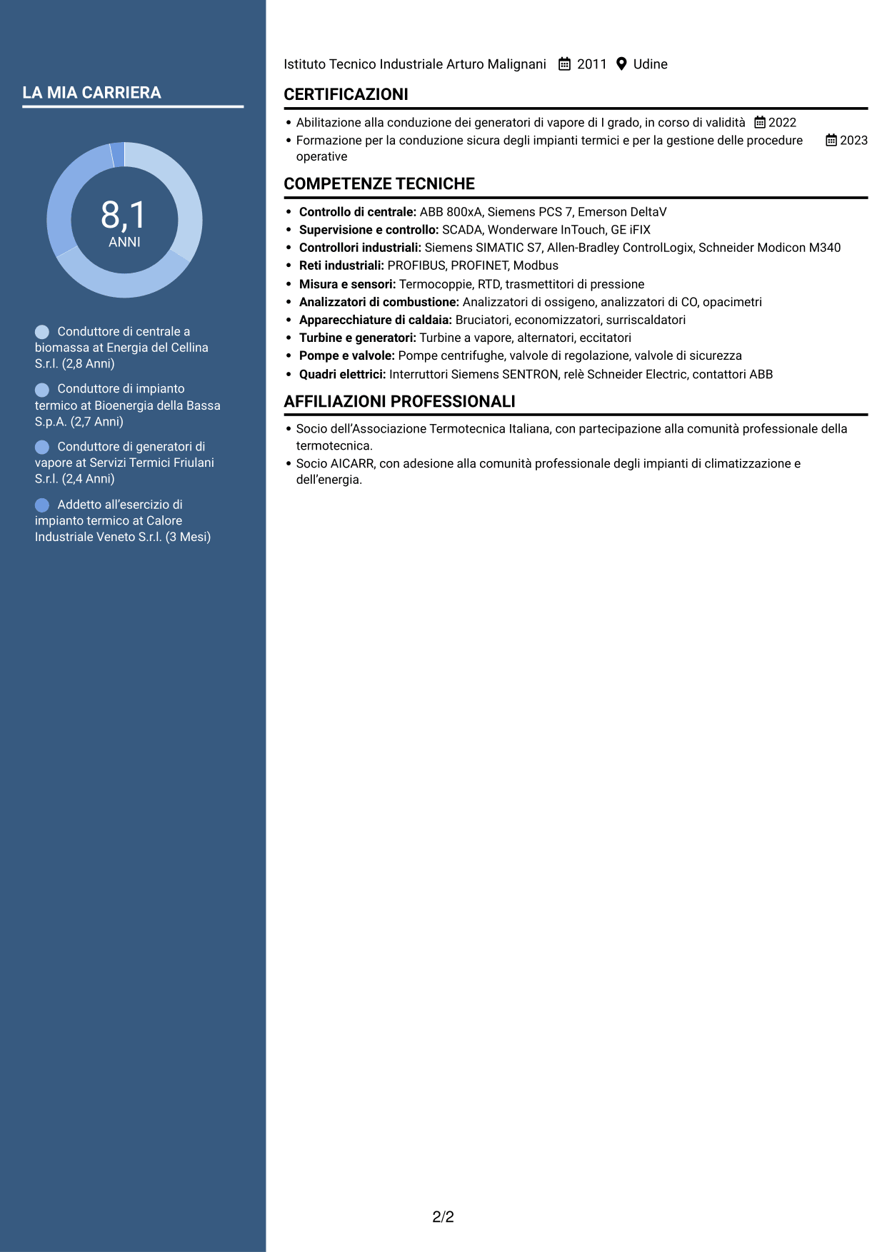 CV Signature (formato con colonna laterale colorata e foto grande): Conduttore di generatori di vapore - Produzione elettrica da biomassa, pagina 2