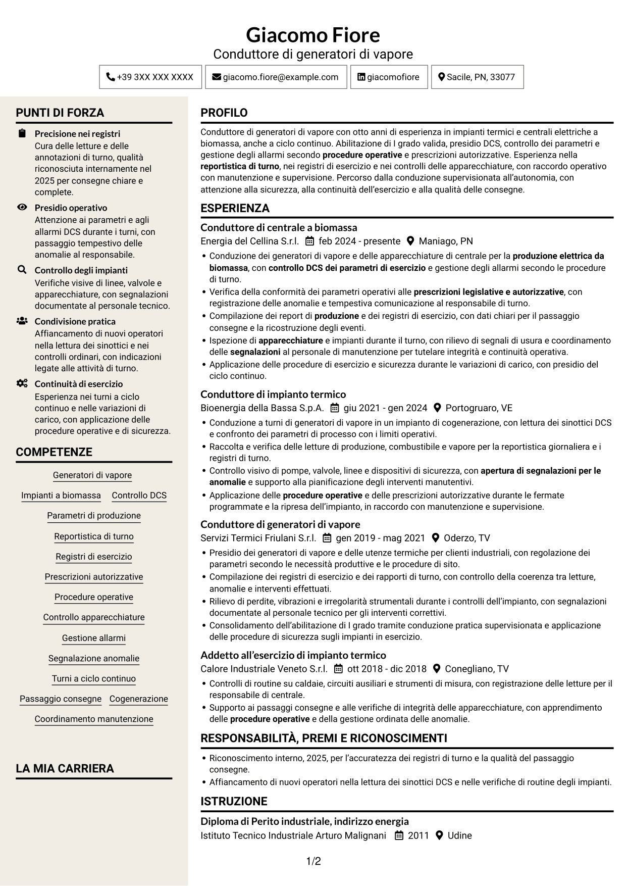 CV Intraprendente (formato a due colonne con intestazione centrata senza foto): Conduttore di generatori di vapore - Produzione elettrica da biomassa, pagina 1