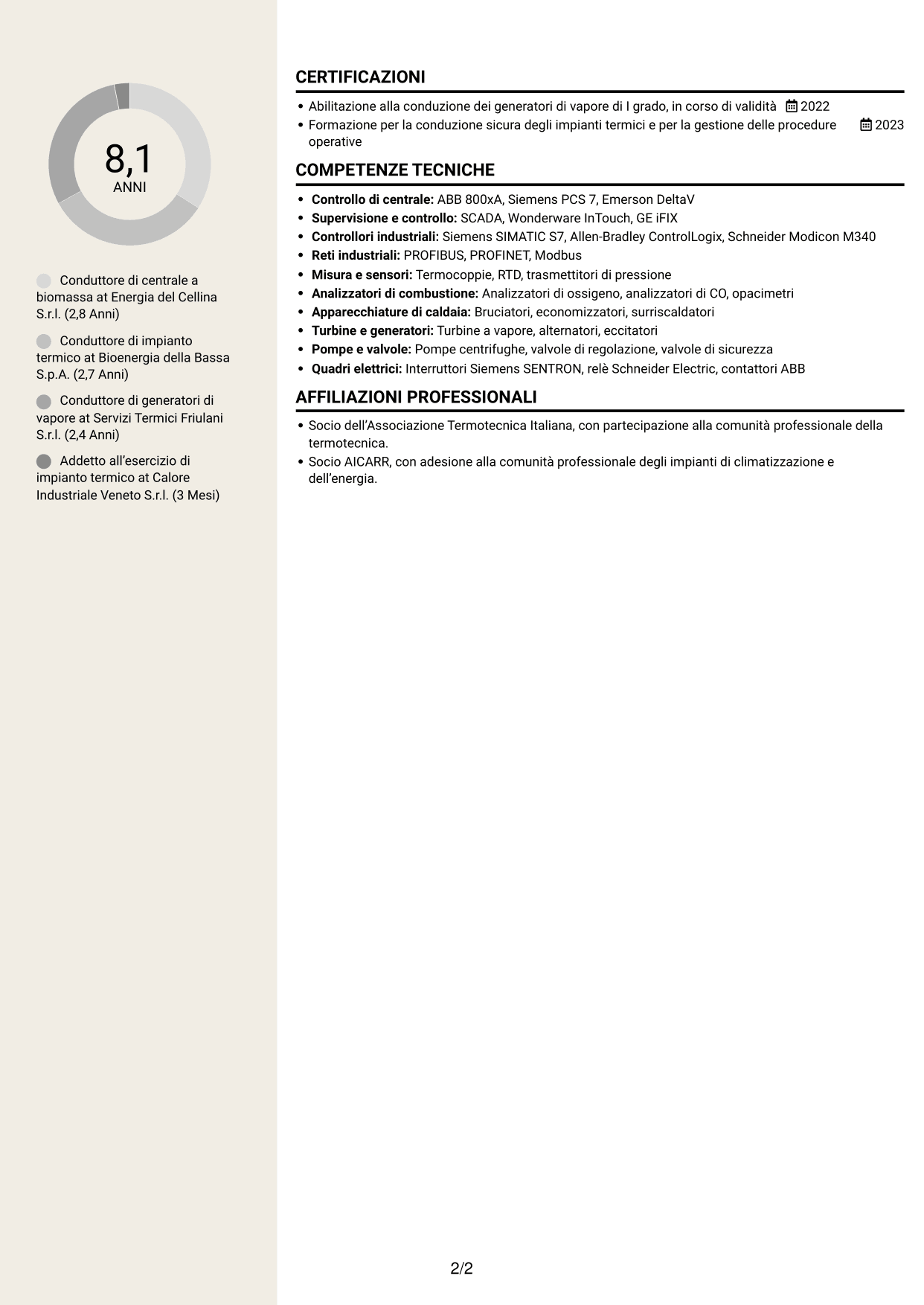 CV Intraprendente (formato a due colonne con intestazione centrata senza foto): Conduttore di generatori di vapore - Produzione elettrica da biomassa, pagina 2