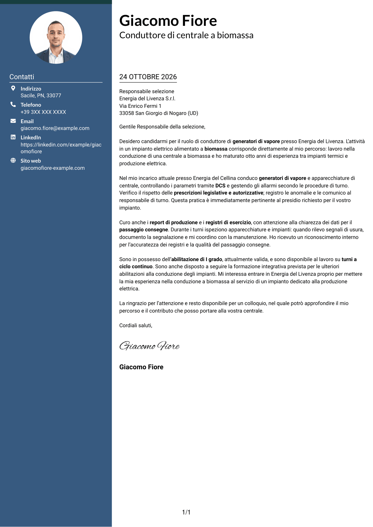 Lettera di presentazione Elegante (formato con colonna laterale colorata e foto): Conduttore di generatori di vapore - Produzione elettrica da biomassa, pagina 1