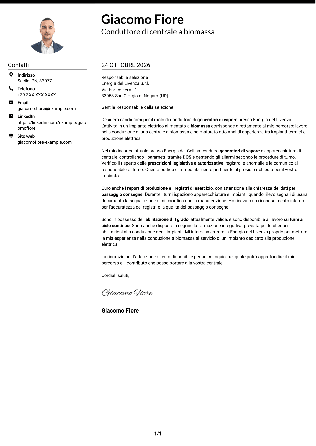Lettera di presentazione Moderno (formato a due colonne con foto a sinistra e separatore): Conduttore di generatori di vapore - Produzione elettrica da biomassa, pagina 1