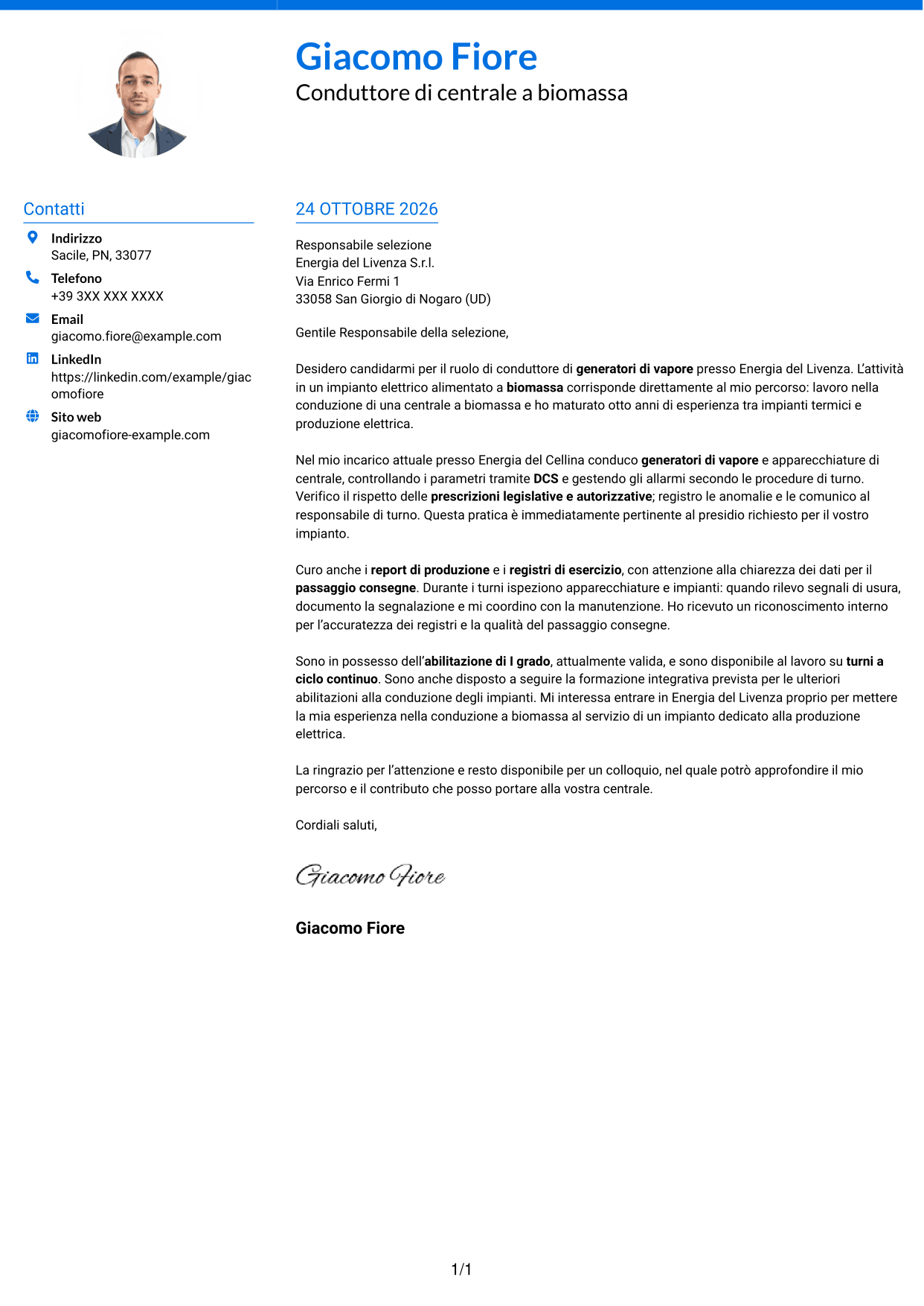 Lettera di presentazione Audace (formato a due colonne con accenti colorati e foto): Conduttore di generatori di vapore - Produzione elettrica da biomassa, pagina 1