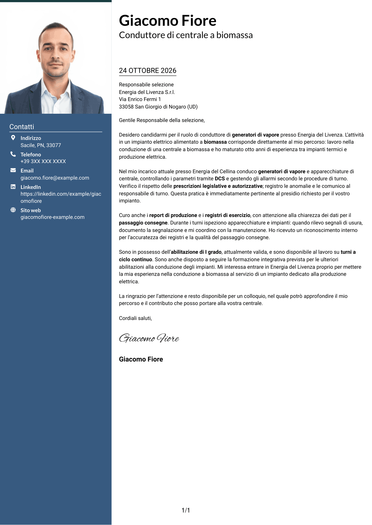 Lettera di presentazione Signature (formato con colonna laterale colorata e foto grande): Conduttore di generatori di vapore - Produzione elettrica da biomassa, pagina 1