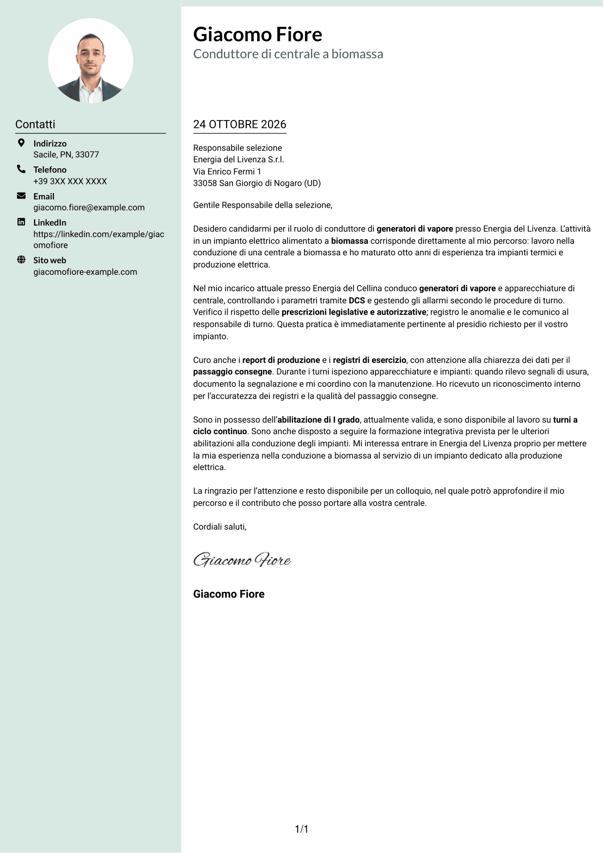 Lettera di presentazione Dirigente (formato con colonna laterale tenue e foto arrotondata): Conduttore di generatori di vapore - Produzione elettrica da biomassa, pagina 1