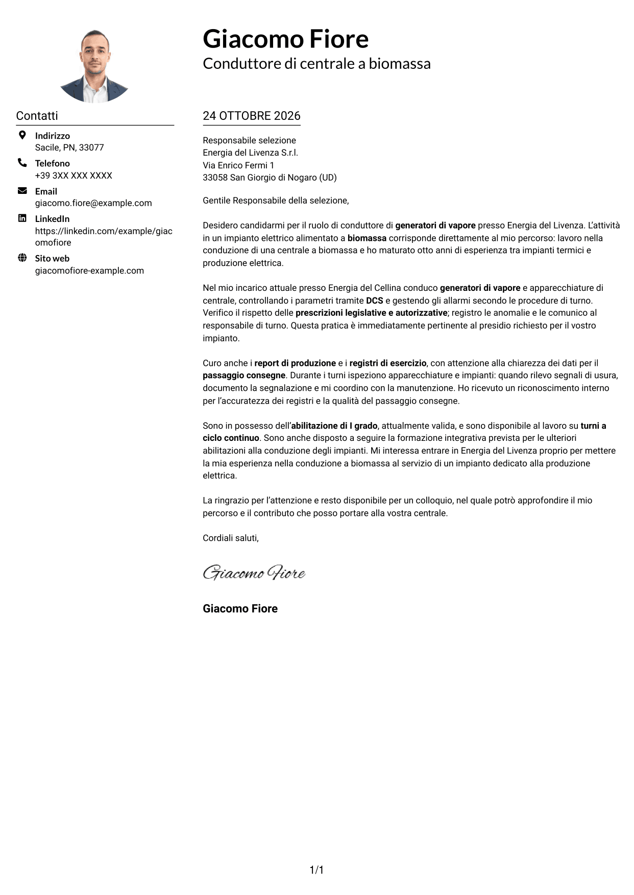 Esempio di lettera di presentazione — pagina 1