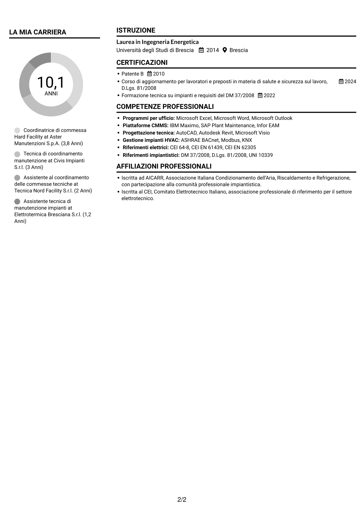 CV Compatto (formato sobrio a due colonne con foto): Contract Coordinator - Hard Facility, pagina 2