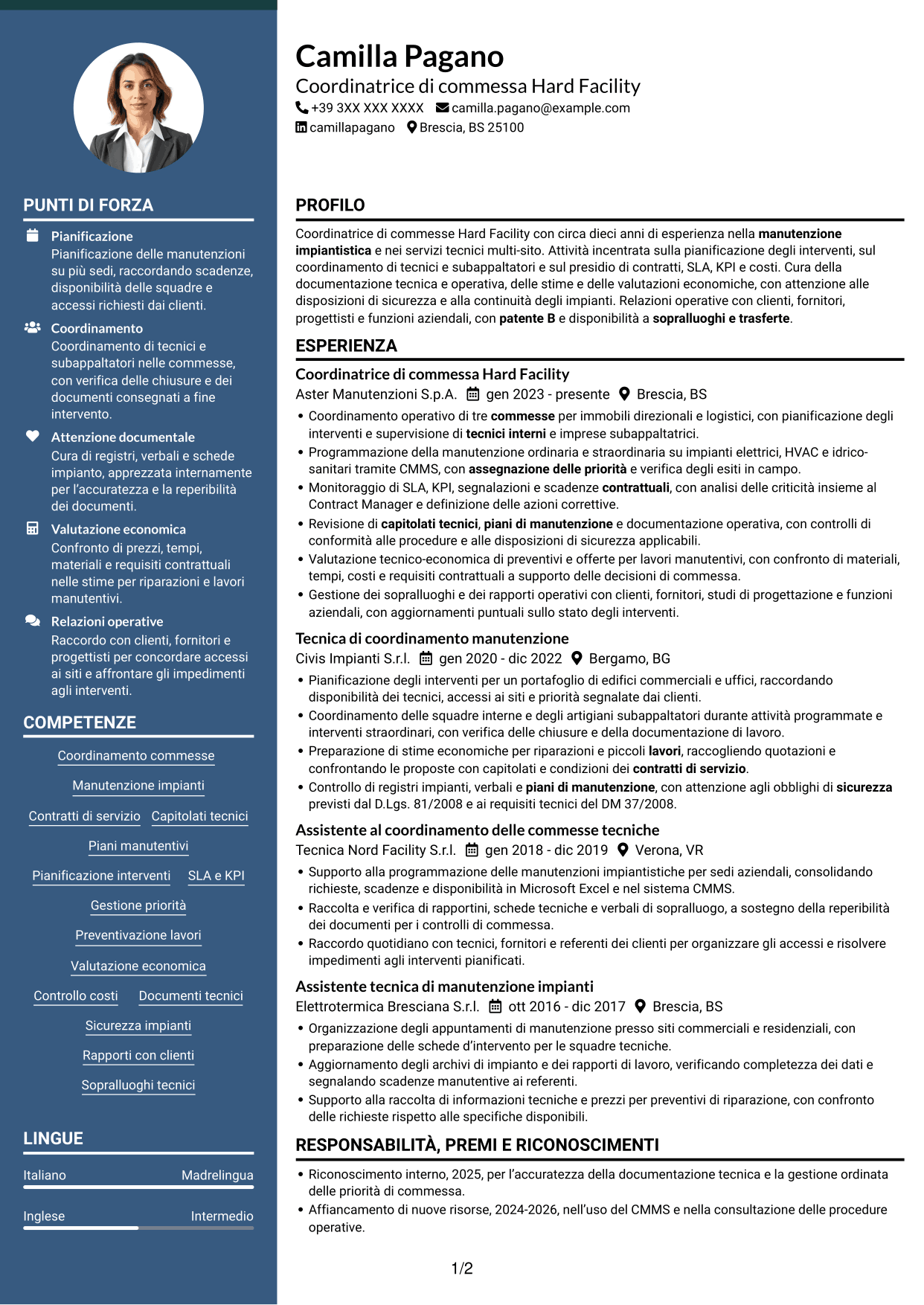 CV Elegante (formato con colonna laterale colorata e foto): Contract Coordinator - Hard Facility, pagina 1