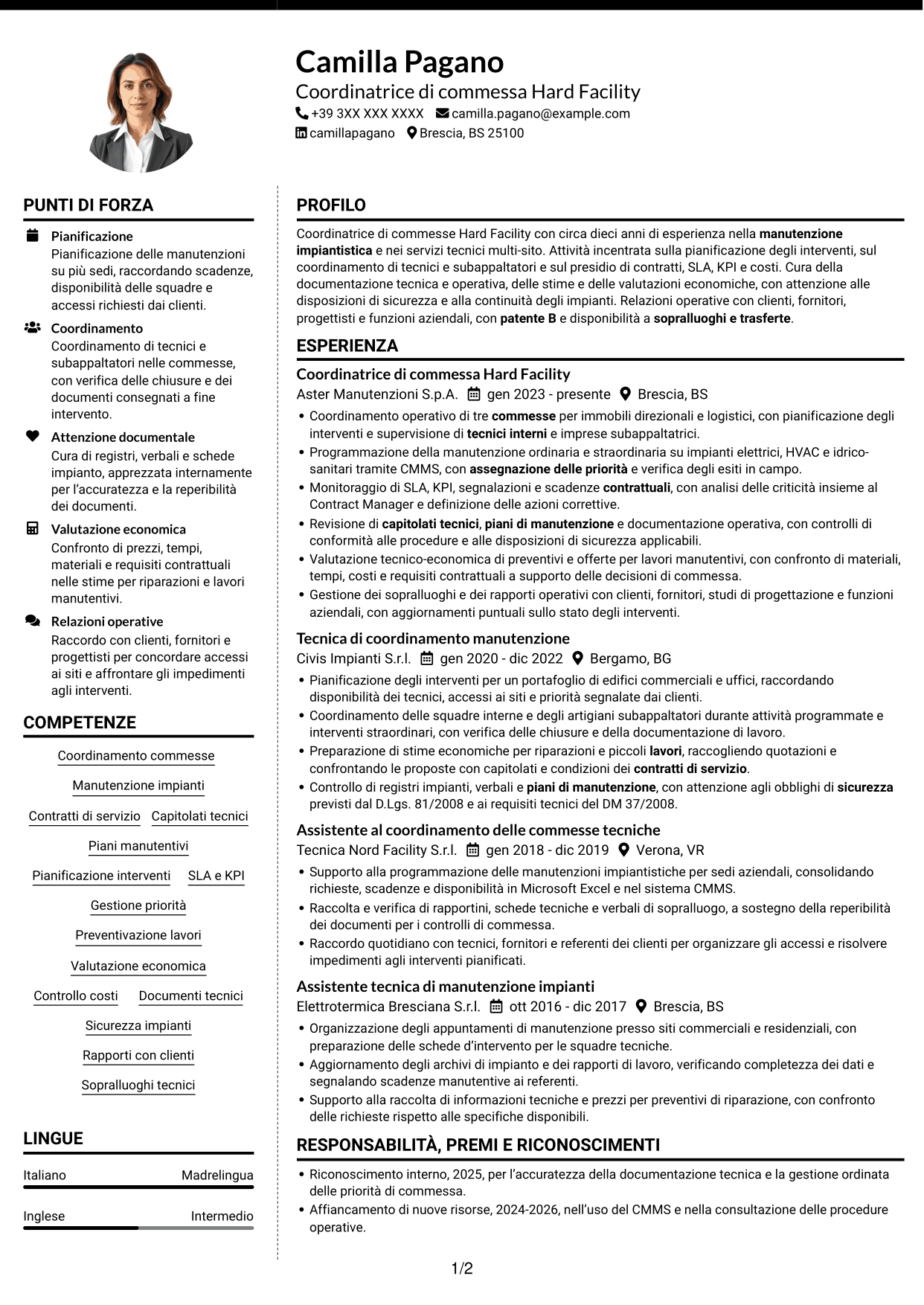 CV Moderno (formato a due colonne con foto a sinistra e separatore): Contract Coordinator - Hard Facility, pagina 1