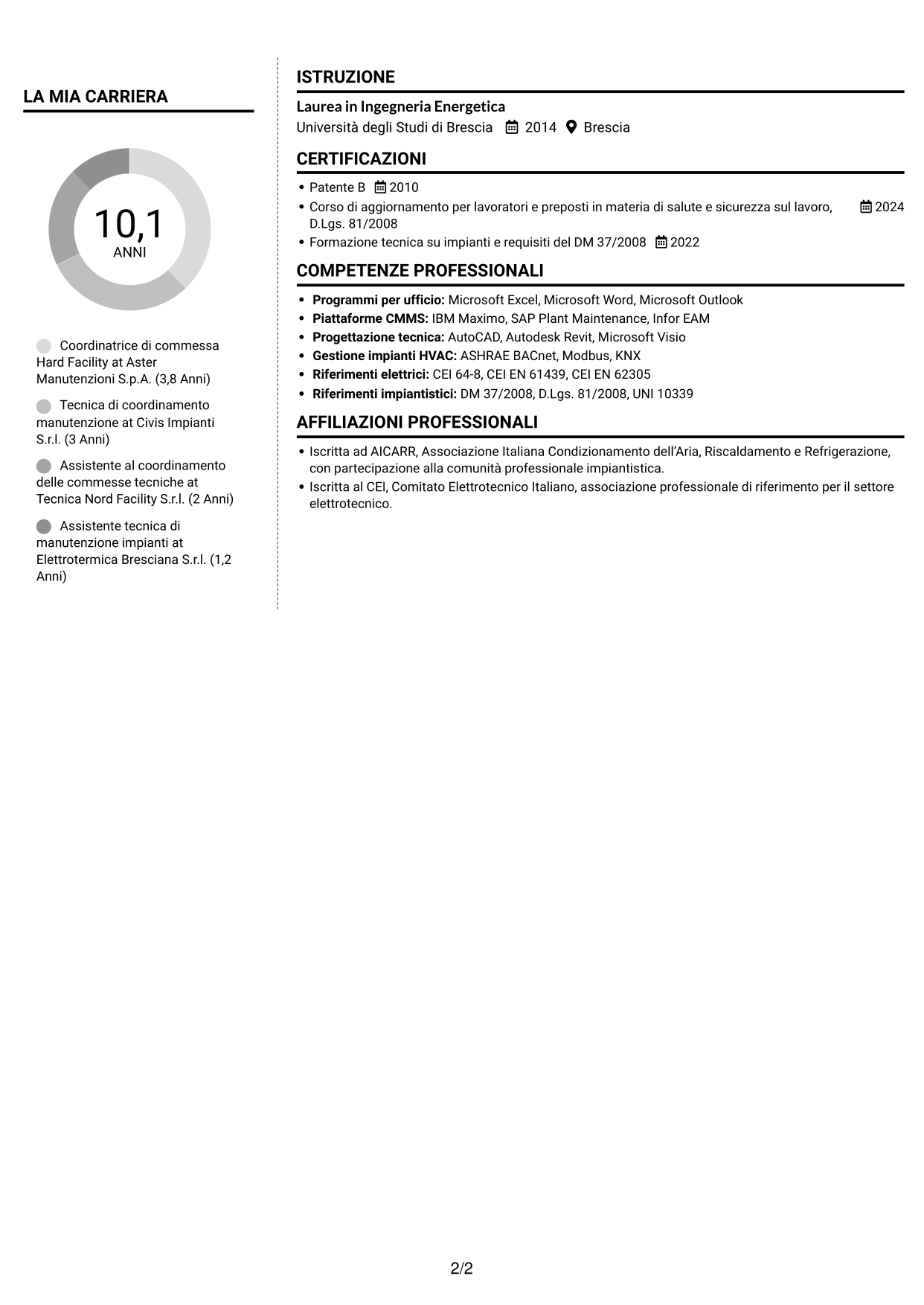 CV Moderno (formato a due colonne con foto a sinistra e separatore): Contract Coordinator - Hard Facility, pagina 2